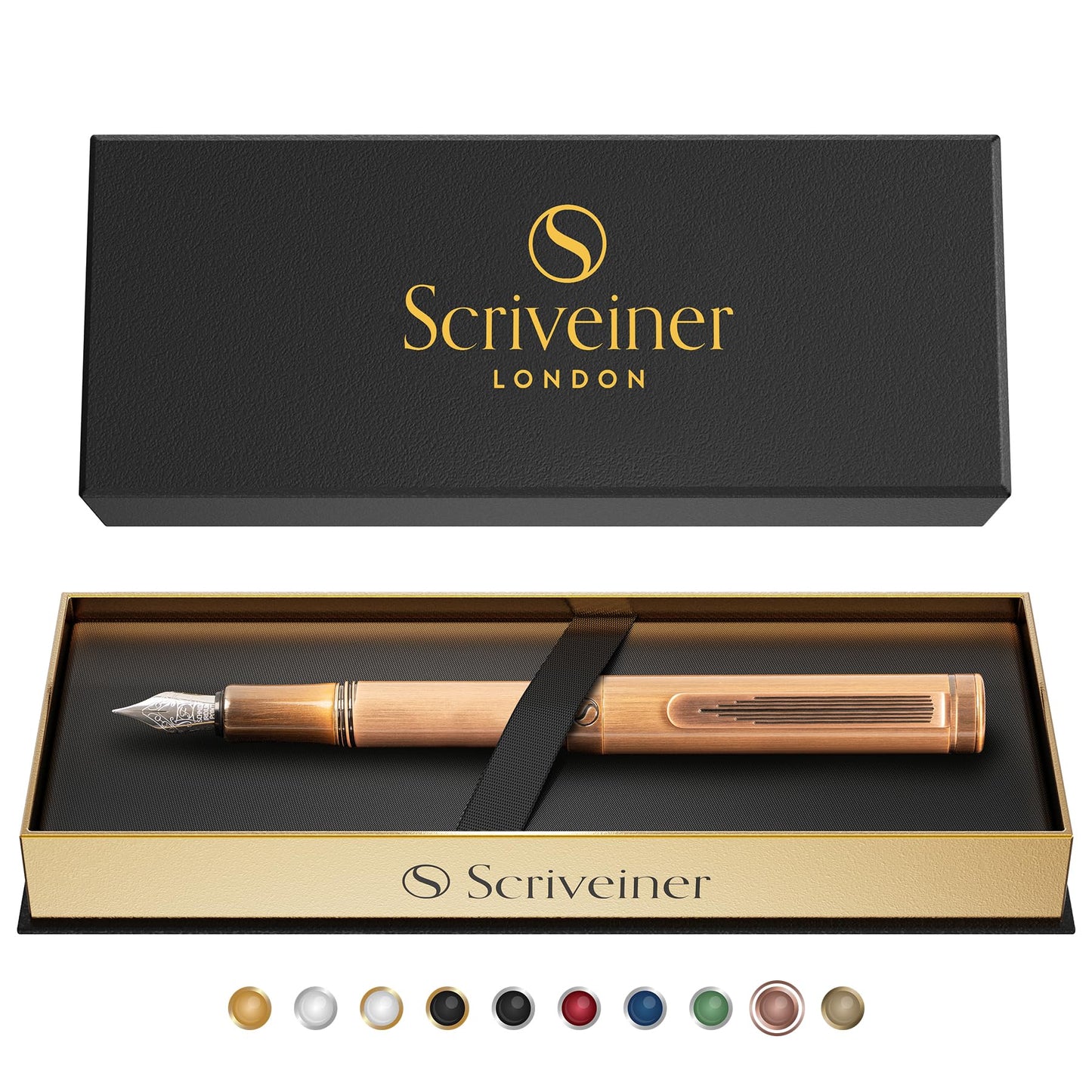 Scriveiner Luxury EDC Fountain Pen (Medium), Stunning Heavy Brass Pocket Pen, Hand Brushed Copper Finish, Schmidt German Nib Converter, Best Writing Pen Gift Set for Men Women, Nice Fancy Designer Pen