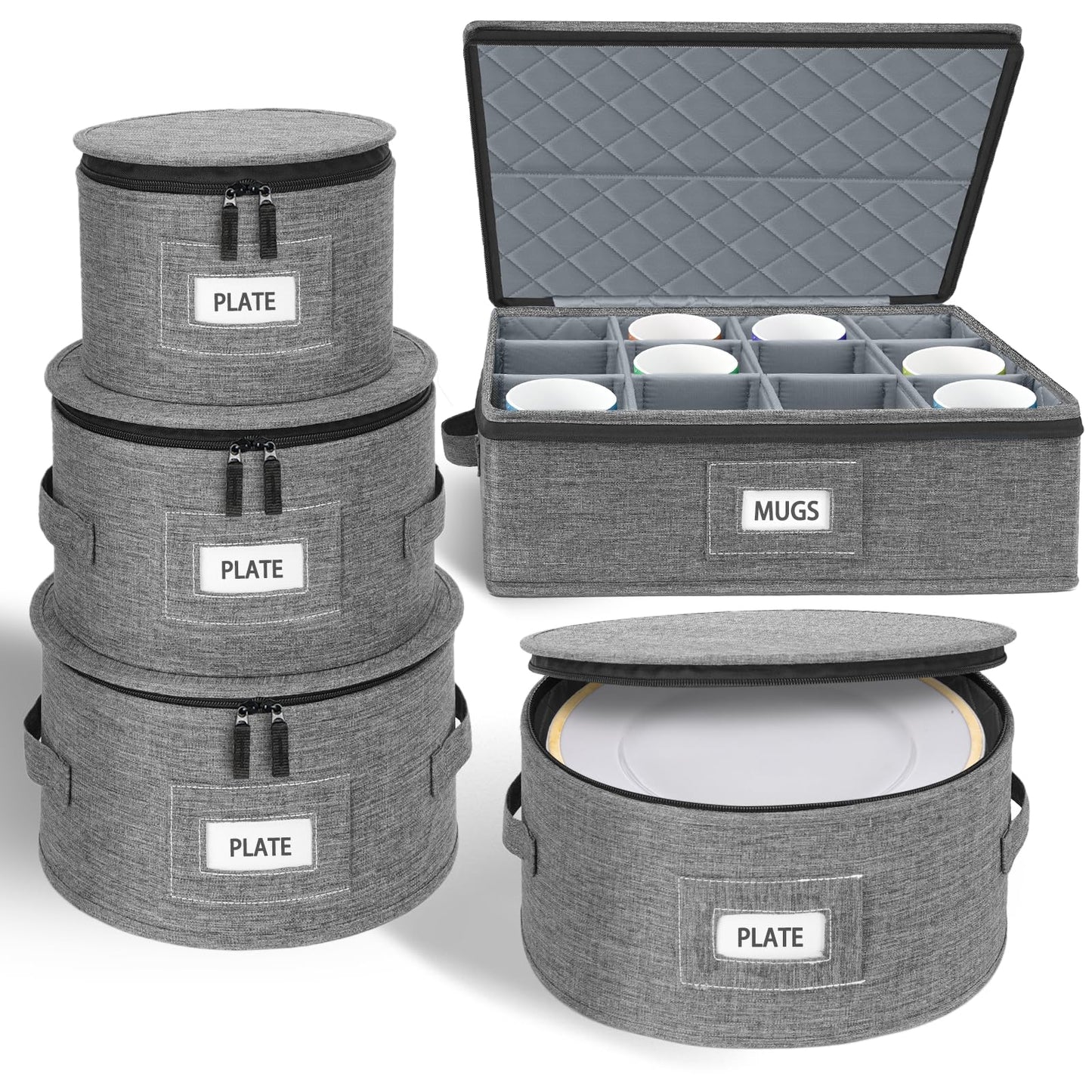 Cirhy China Storage Containers 5-Piece Set - Reinforced Hard-Sided Moving Boxes for Dinnerware, Fine China, Stemware & Mugs - Sturdy Quilted Dish Packing Protectors with Dividers (Service for 12)