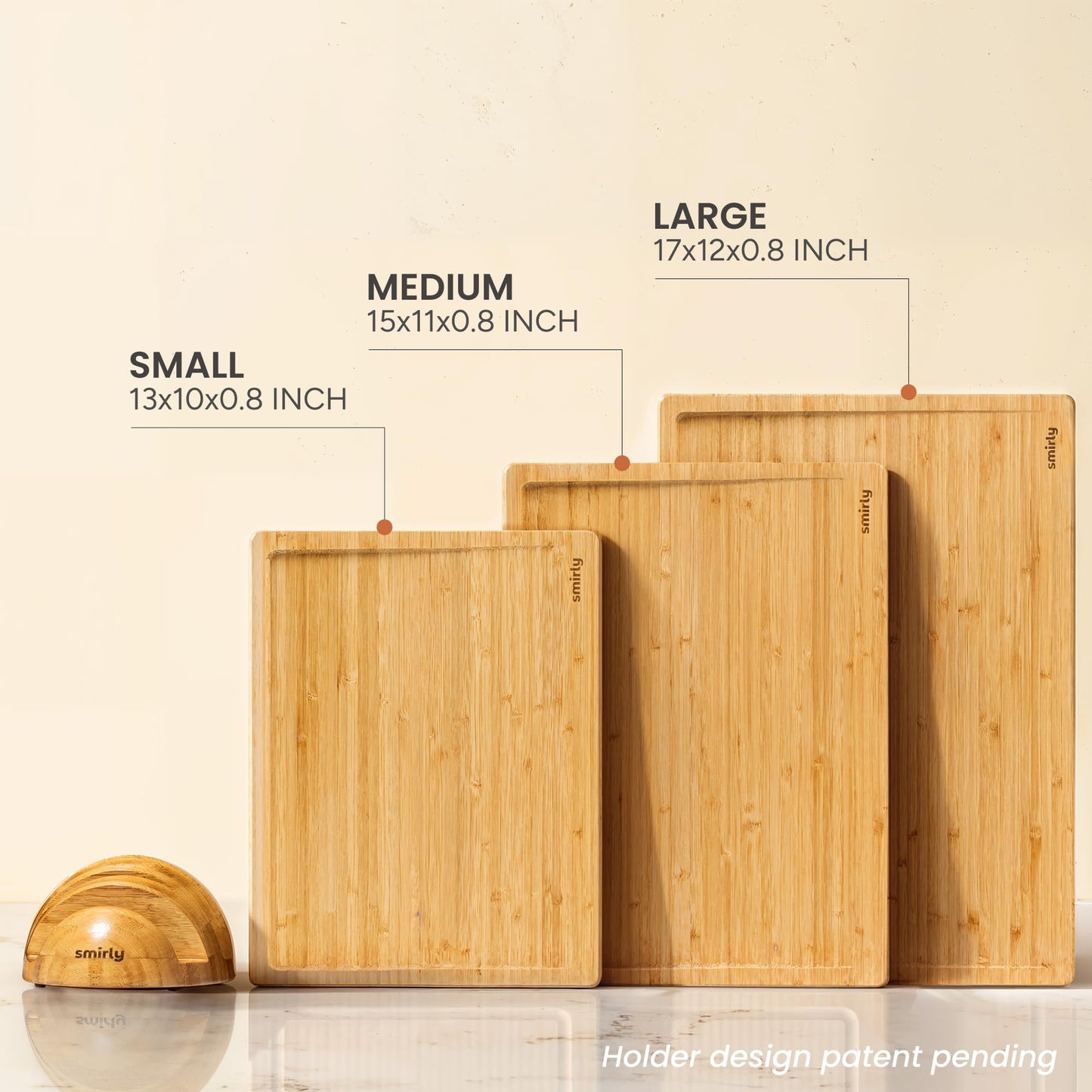 SMIRLY Bamboo Cutting Boards for Kitchen - Wood Cutting Board for Meal Prep, Serving, Charcuterie - Kitchen Gadgets, House Warming Gifts - Wooden Chopping Board Set of 3 with Holder - Natural Bamboo