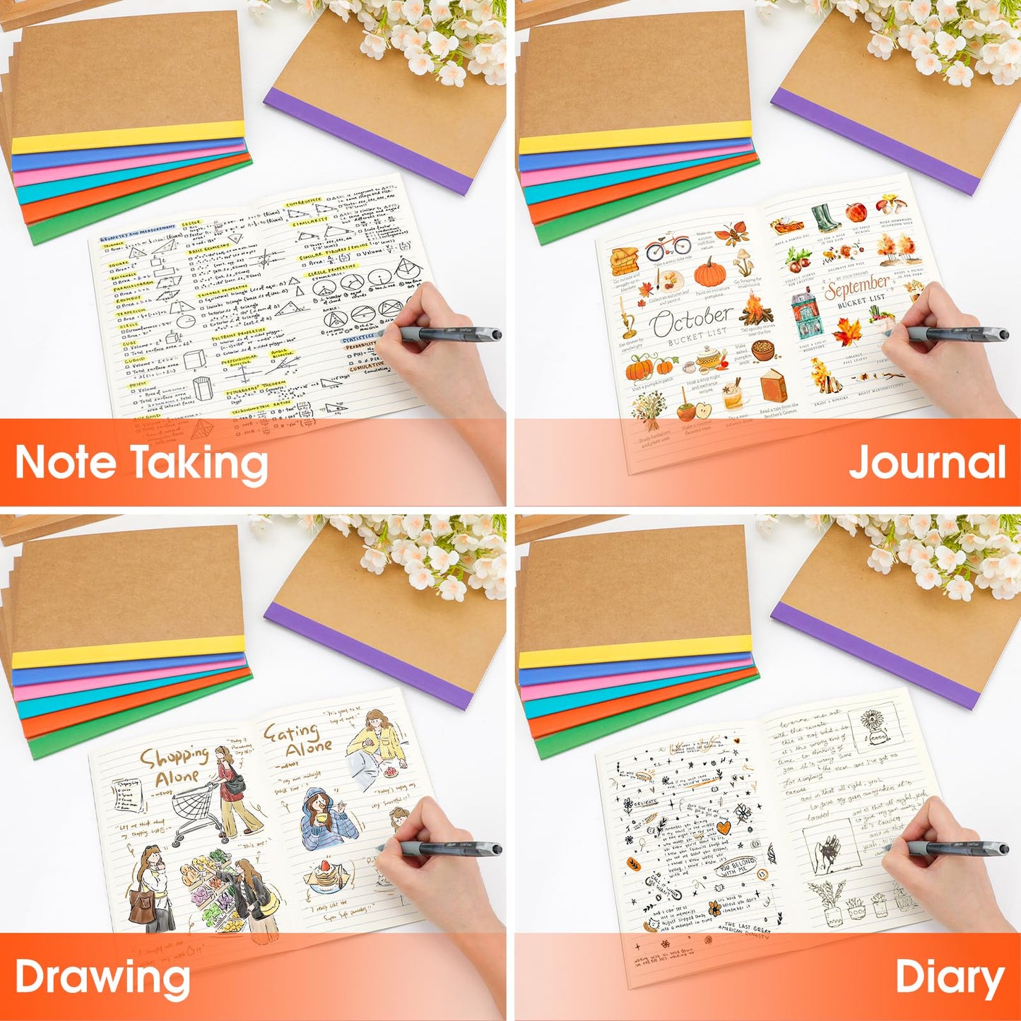 64 Pack Composition Notebooks Bulk, A5 Kraft Cover Lined Journaling Notebooks, 8.3”x 5.5” Travel Notebook for School Office Students Artists, 8 Colors 60 Pages