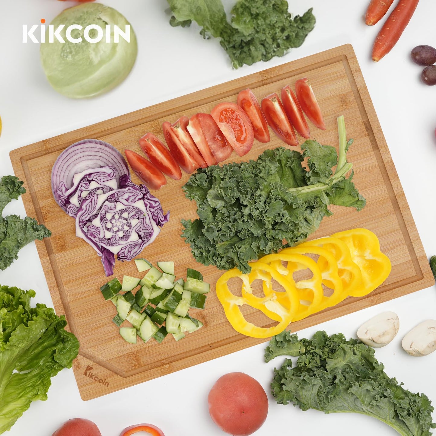 Kikcoin 24”×18” Bamboo Cutting Boards for Kitchen, Wooden Healthy Cutting Boards for Charcuterie, Vegetables, Cheese, Bread, Extra Large Chopping Boards with Deep Juice Groove and Handle, Natural