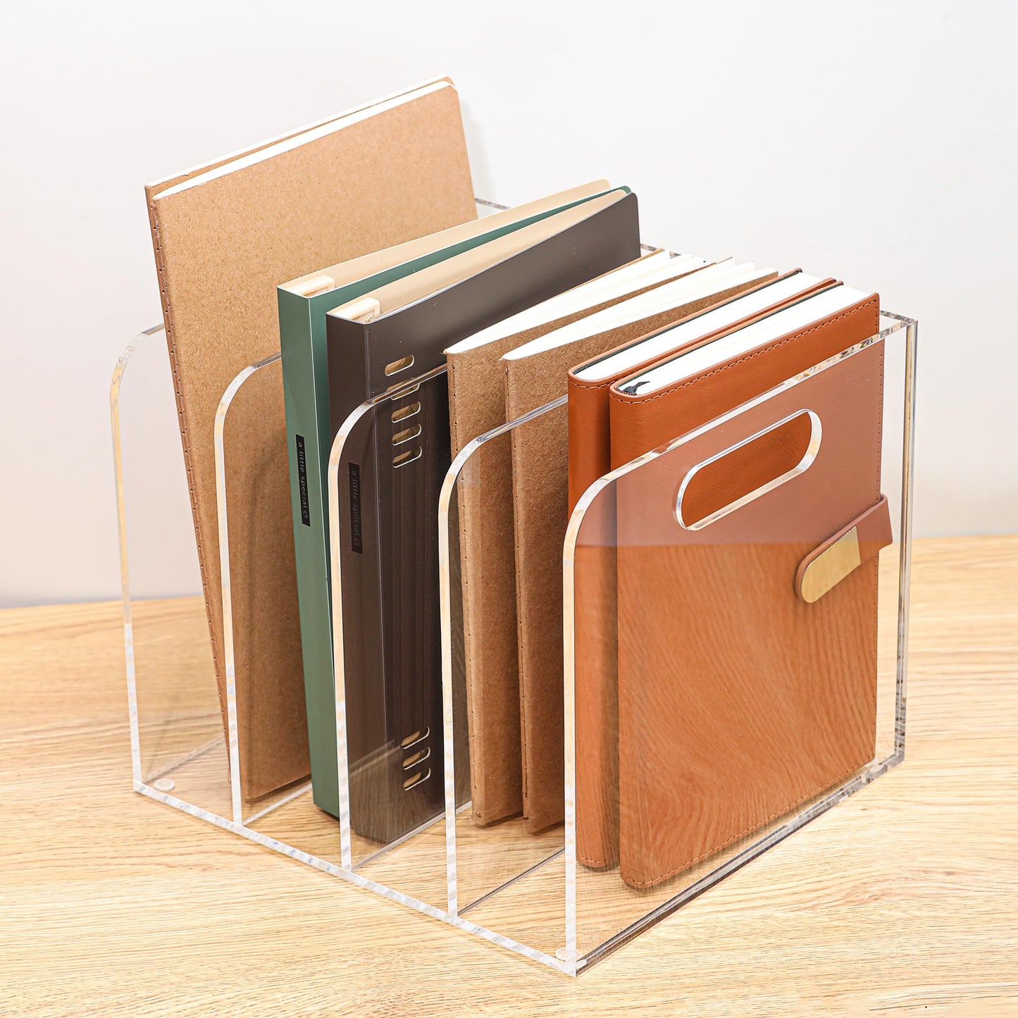 AIDIMOO 4 Vertical Compartments Clear Acrylic Magazine & File Holder – Multipurpose Desk Organizer for Office, Tablets, Magazines, Books – Documents/Home/Classroom Rack