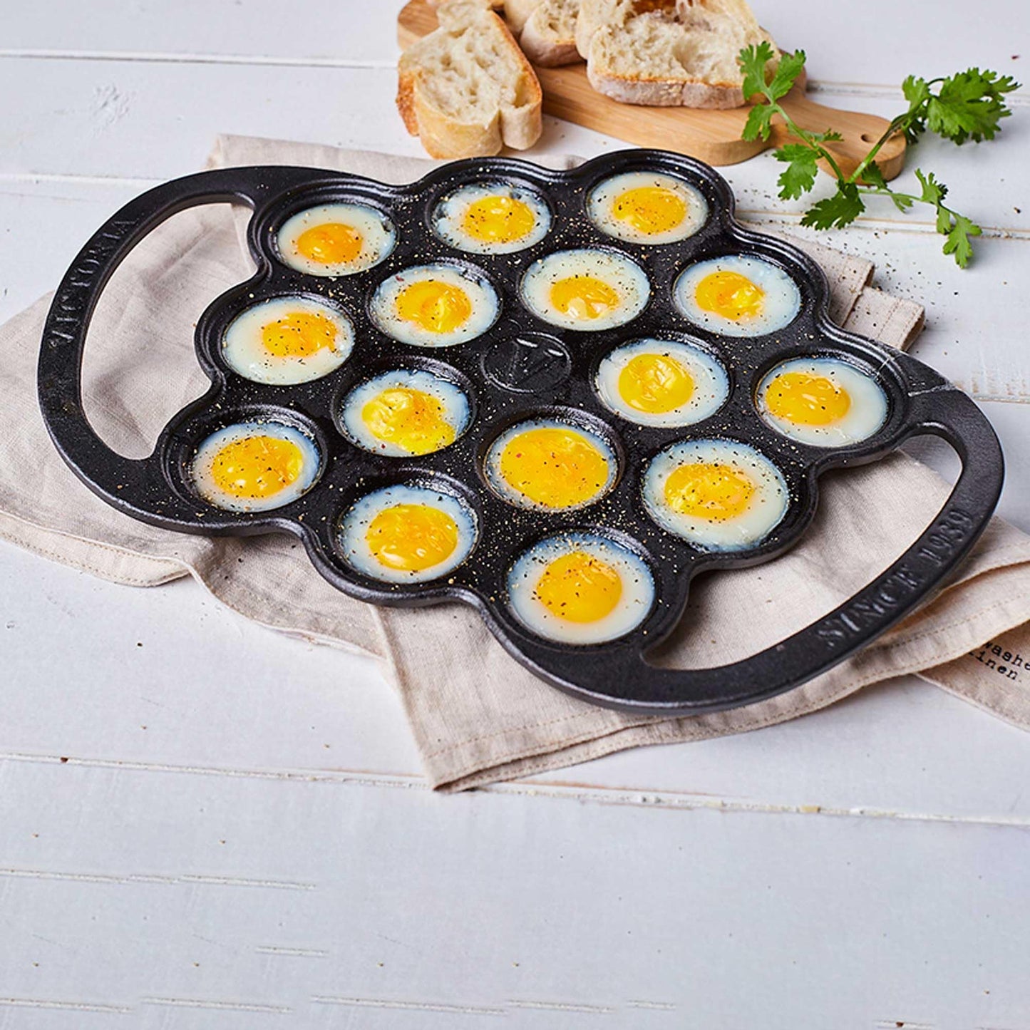 Victoria Cast Iron Poffertjes Dutch Pancake Pan with Loop Handles, Preseasoned with Flaxseed Oil, Made in Colombia