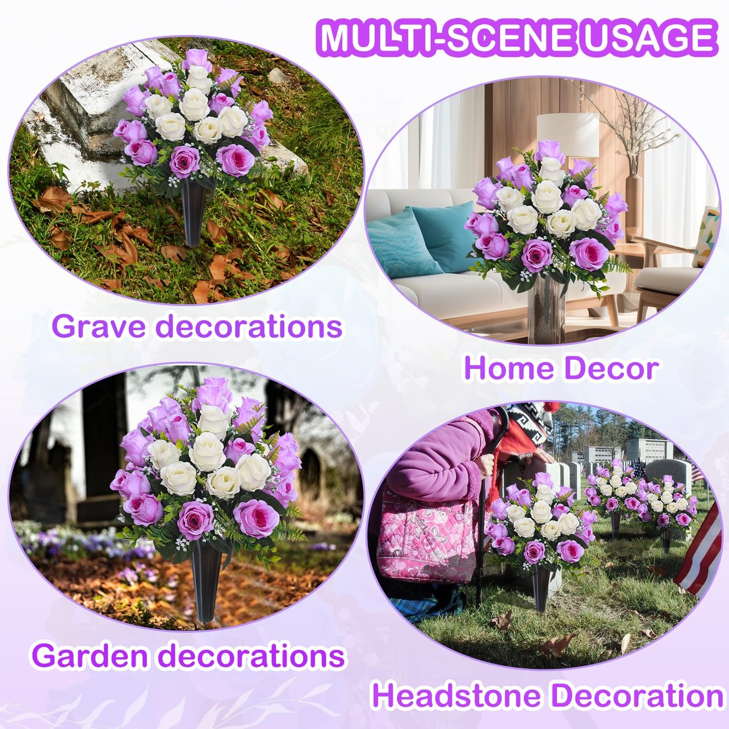 Lodou Set of 2 Artificial Cemetery Flowers, Memorial Flowers Bouquet,Grave Memorial Flowers with Vase for Cemetery Headstones Decoration (Purple White)