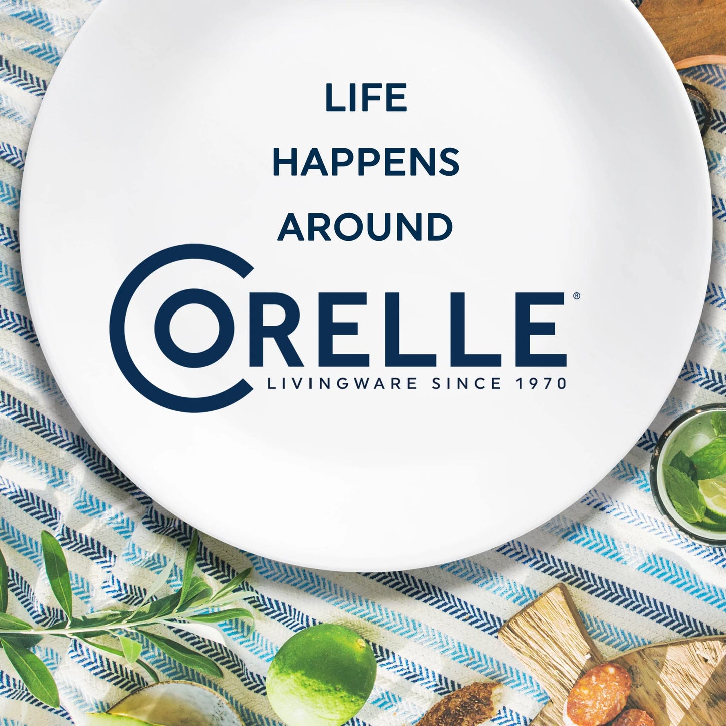 Corelle Vitrelle Salad Plates Set Triple Layer Glass and Chip Resistant, 9-Inch Lightweight Round Plates, Portofino, Caspian, 6-Piece
