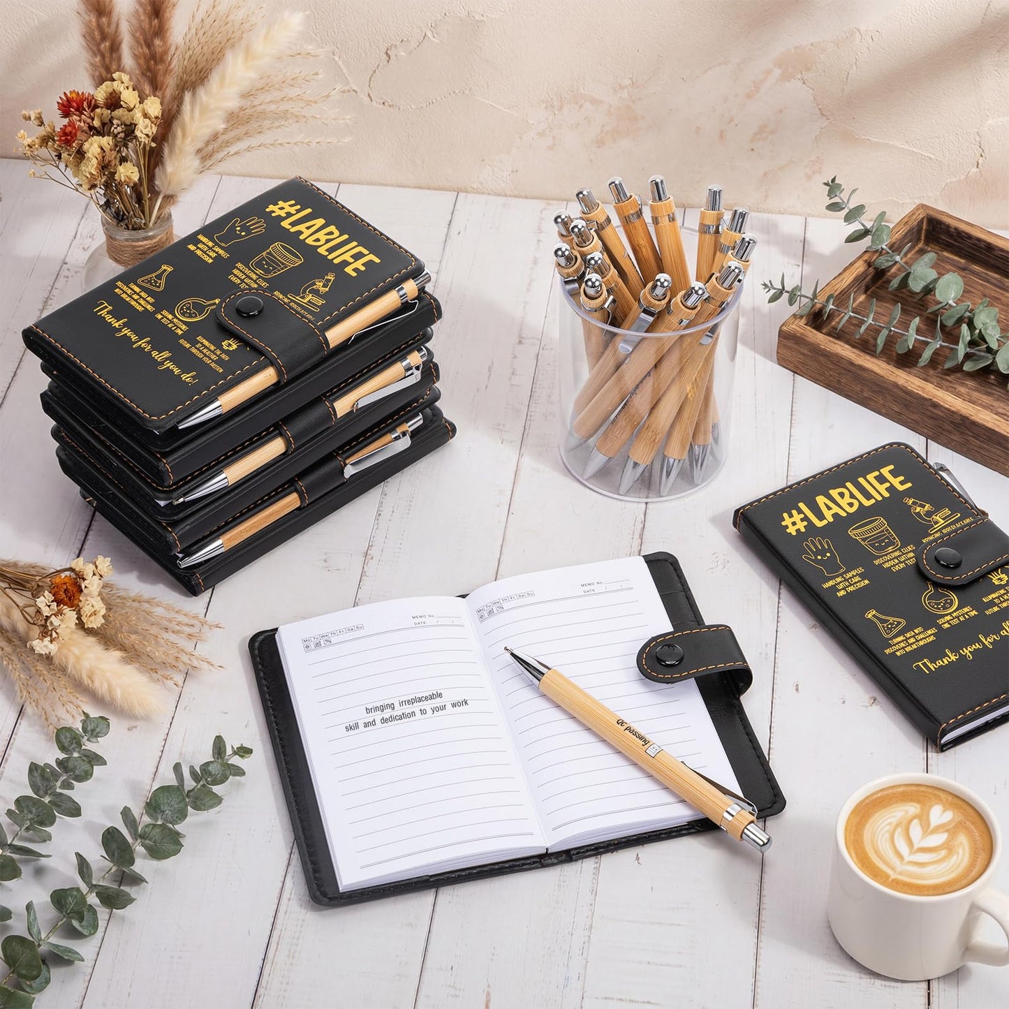 TaoBary 20 Sets Medical Lab Week 2026 Thank You Gift Bulk Black A6 Leather Notebook Journal with Bamboo Pens for Laboratory Tech Professionals Scientists Chemistry Office Supplies (Lab Stylish)