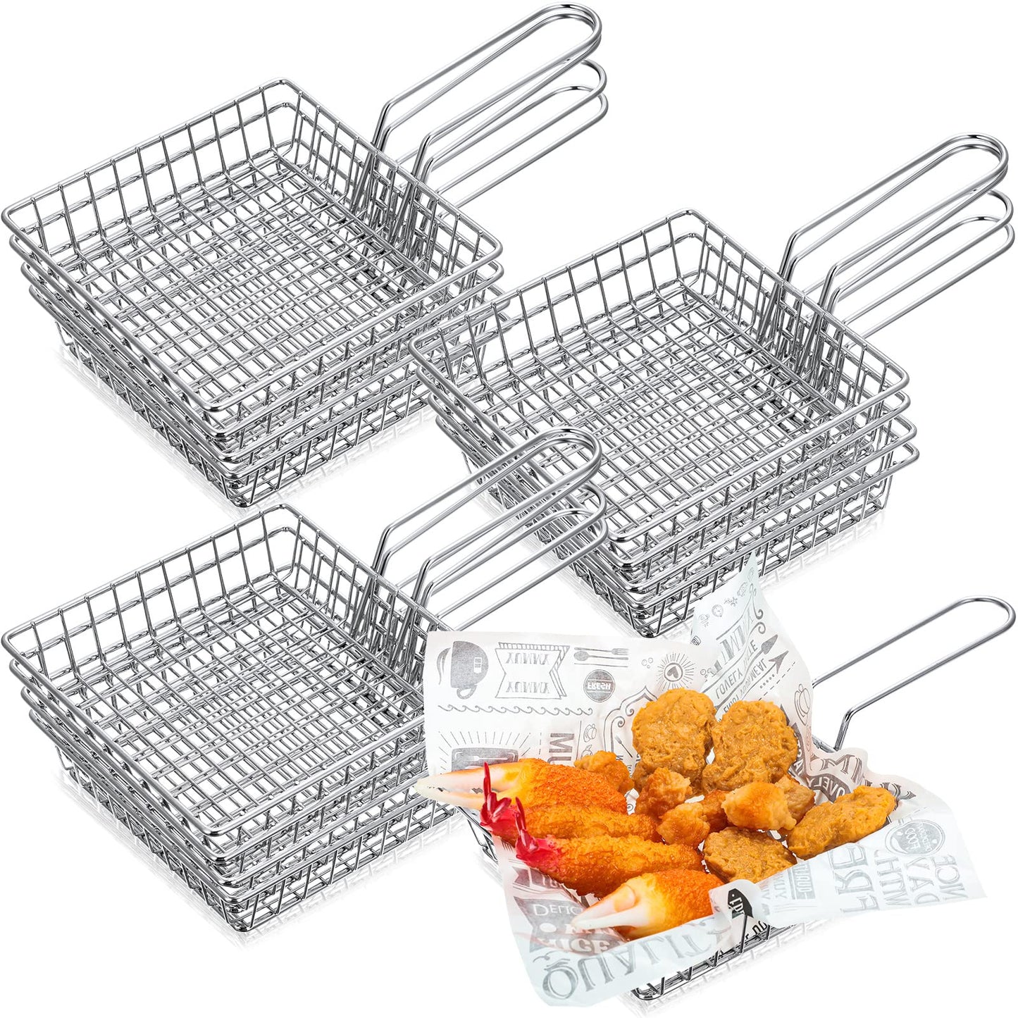 Potchen 12 Pack Mini French Fry Holders Bulk, 5.9 x 5.9 Inch French Fries Baskets with Handle, Mini Fry Serving Wire Baskets for Kitchen Restaurant and Party Table Use