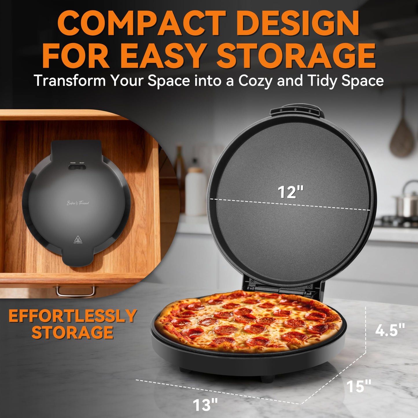 Baker’s Friend Countertop Pizza Maker Electric, 12 Inch Pizza Maker Machine for Home, Quesadilla Maker, Non-stick Cooking Plates,Horno Para Pizza, 1400W, Graphite