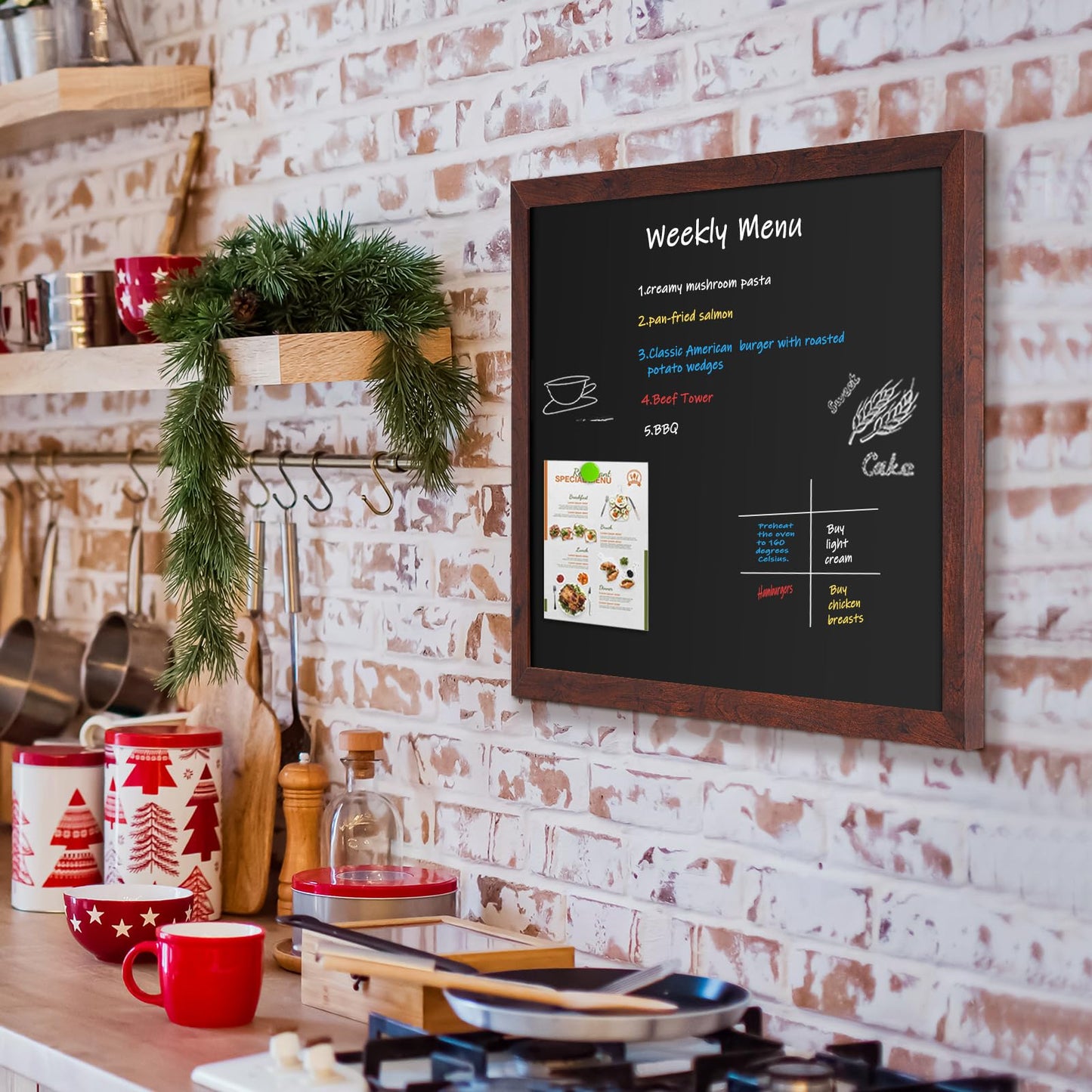 4 THOUGHT Chalk Board 24" x 36", Magnetic Large Chalkboard for Wall Rustic Blackboard Hanging Chalkboards Sign Menu Board for Kitchen Decor Office Home School 4 Markers 8 Magnets, Brown