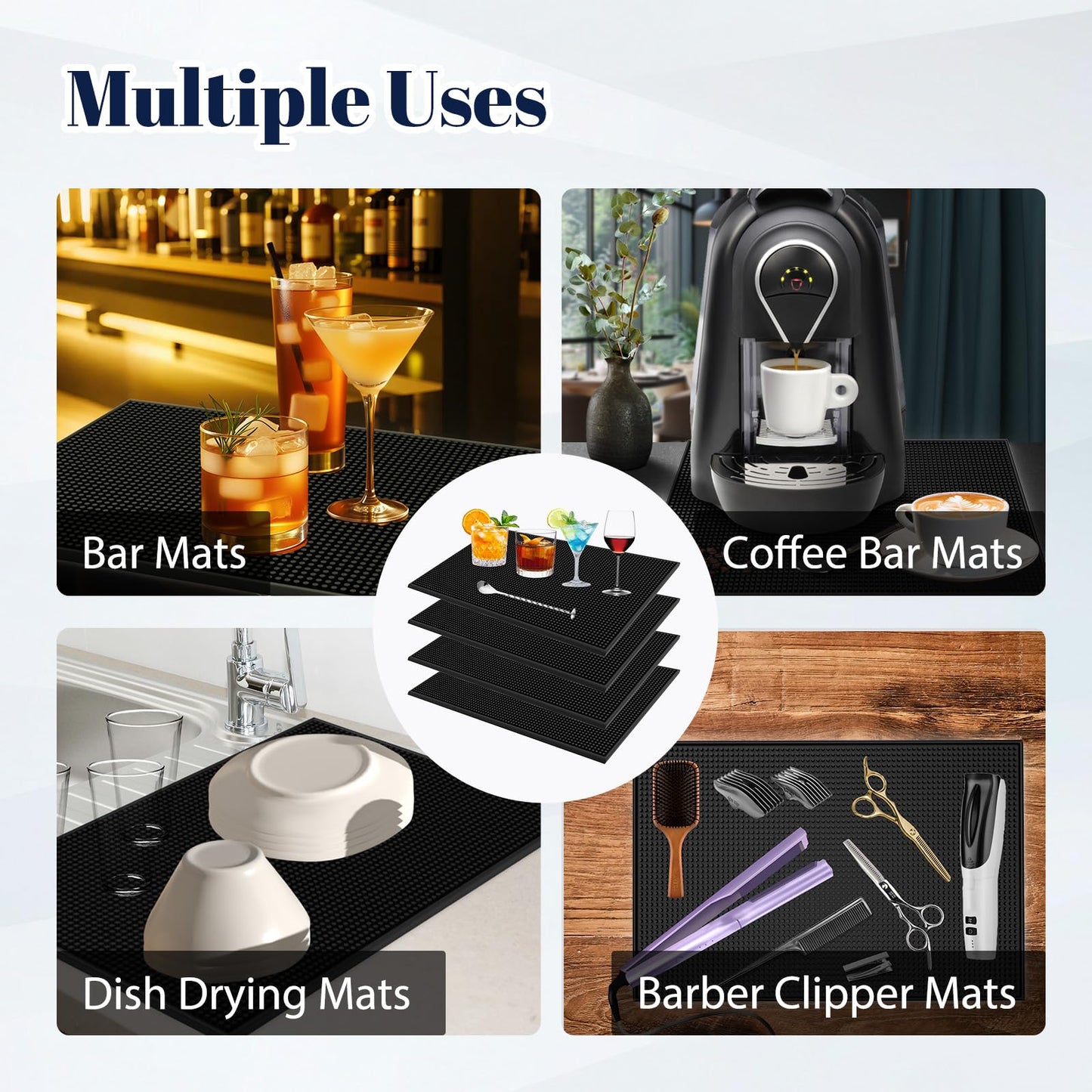 4 Pack Rubber Bar Mats for Countertop 18x12 Inch Black Silicone Bar Coffee Mat for Bartending Dish Drying Matt Home Bars Counter Cocktail Non Spill Mat for Bartender Bar Service Table Top Accessories