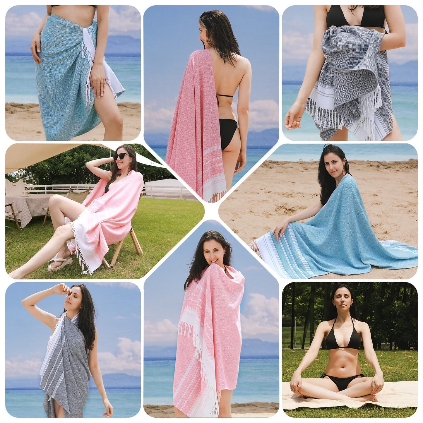 Genovega 6 Packs Oversized Turkish Beach Towels Set Bulk 74"x38" Extra Large Quick Dry Sand Free Light Swim Bath Camping Pool Towel Travel Blanket Essentials Cruise Accessories Adult Vacation Stuff