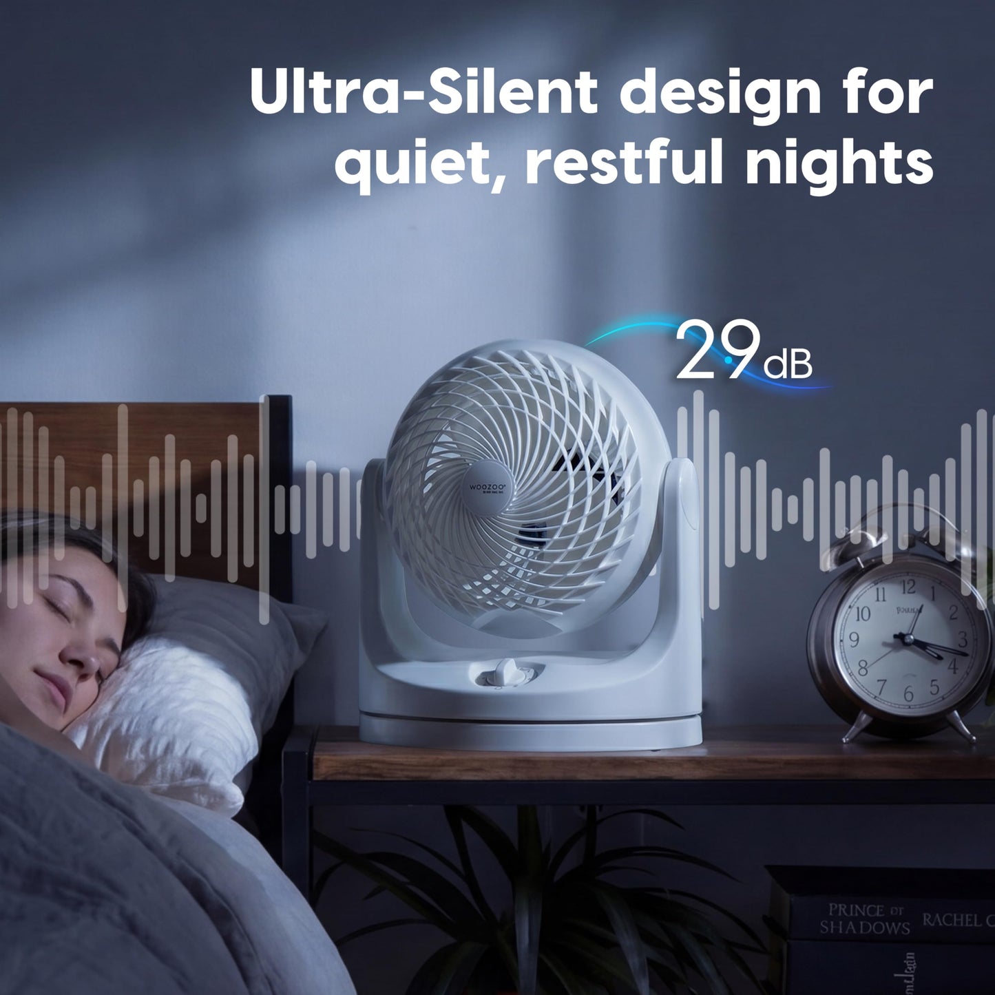 IRIS USA WOOZOO Desk Fan, Oscillating Air Circulator, 3 Speeds, 36ft Max Air Distance, 244ft² Coverage, 112° Adjustable Vertical Tilt, 29db Quiet Motor, Small Fan for Bedroom, Office, Dorm, White