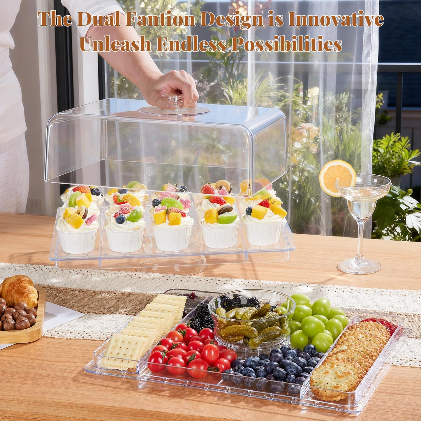 Cake Stand with Lid-Extra Large 17" Rectangular Cake Holder,8-in-1 Multi-Functional Dessert Table Display Set & Charcuterie Board,Acrylic Cake Plate Dome Cover for Weddings/Cheese/Veggie/Chips & Dip