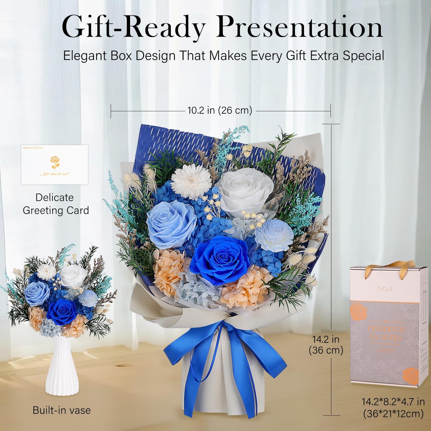 Preserved Flowers Bouquet - Forever Flowers for Delivery, Real Eternal Roses Bouquet, Mothers Day Gifts for Mom Grandma Wife, Anniversary Birthday Gifts for Women, Blue