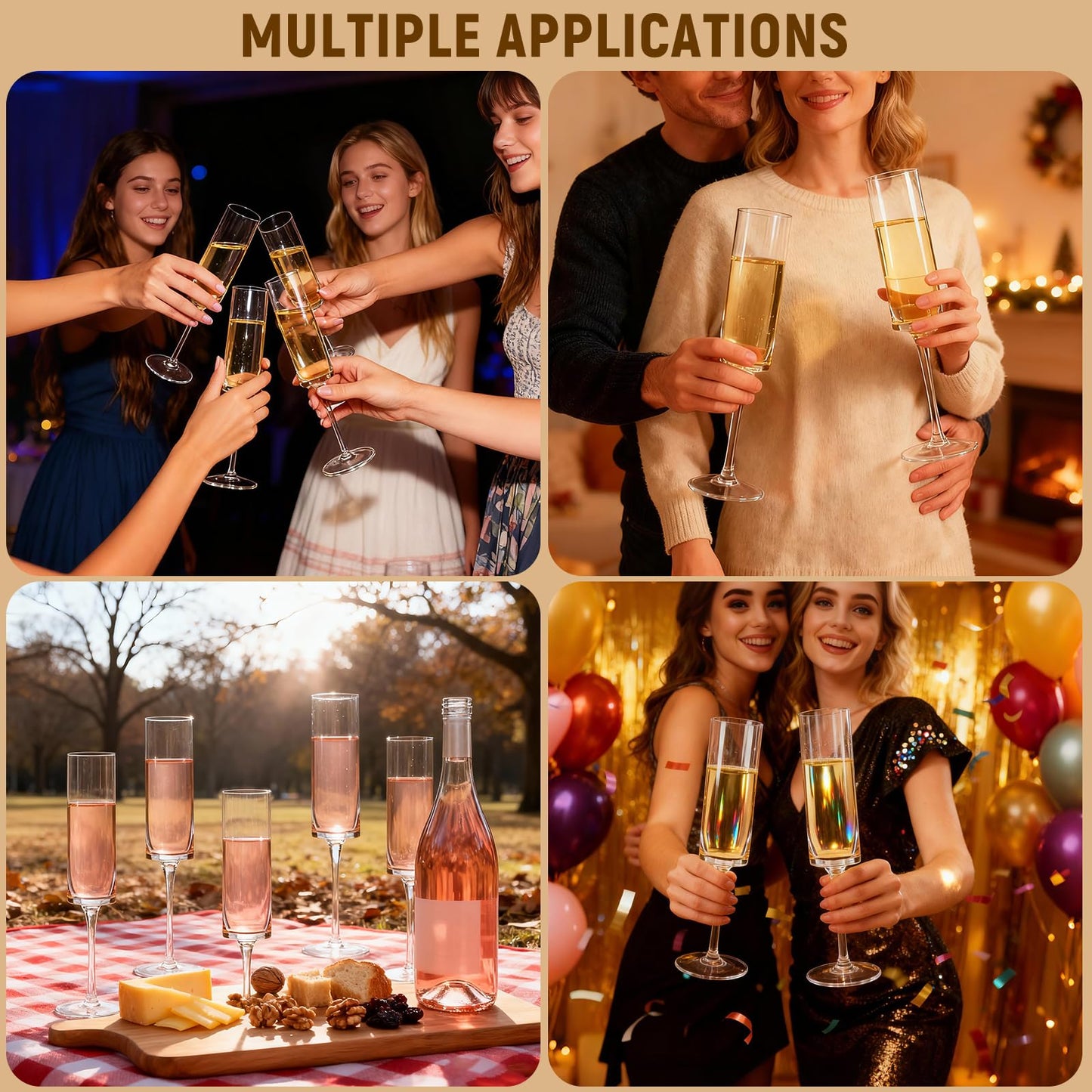 GuanQiao 24-Pack Plastic Champagne Flutes, 6oz Clear Square Disposable Toast Glasses, Heavy Duty Shatterproof Recyclable Wine Glasses for Party Wine Tasting Wedding New Years Eve Party Supplies