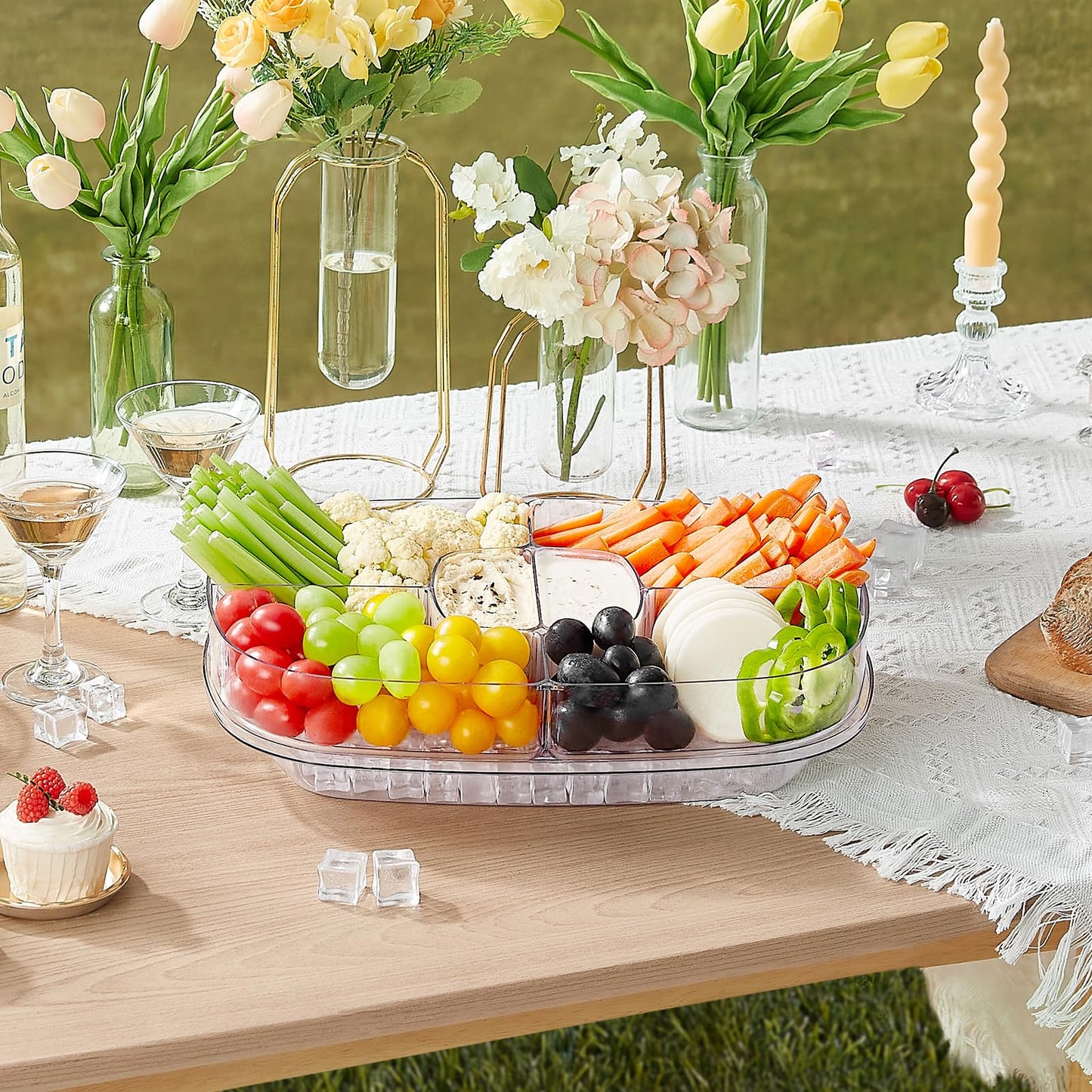 Lifewit Chilled Serving Tray for Parties, 15" Divided Shrimp Cocktail Serving Dish with Lid, Plastic Taco Platter, Ice Serving Bowl for Veggie, Fruit, Salad, Mimosa Bar Supplies in Party/Buffet