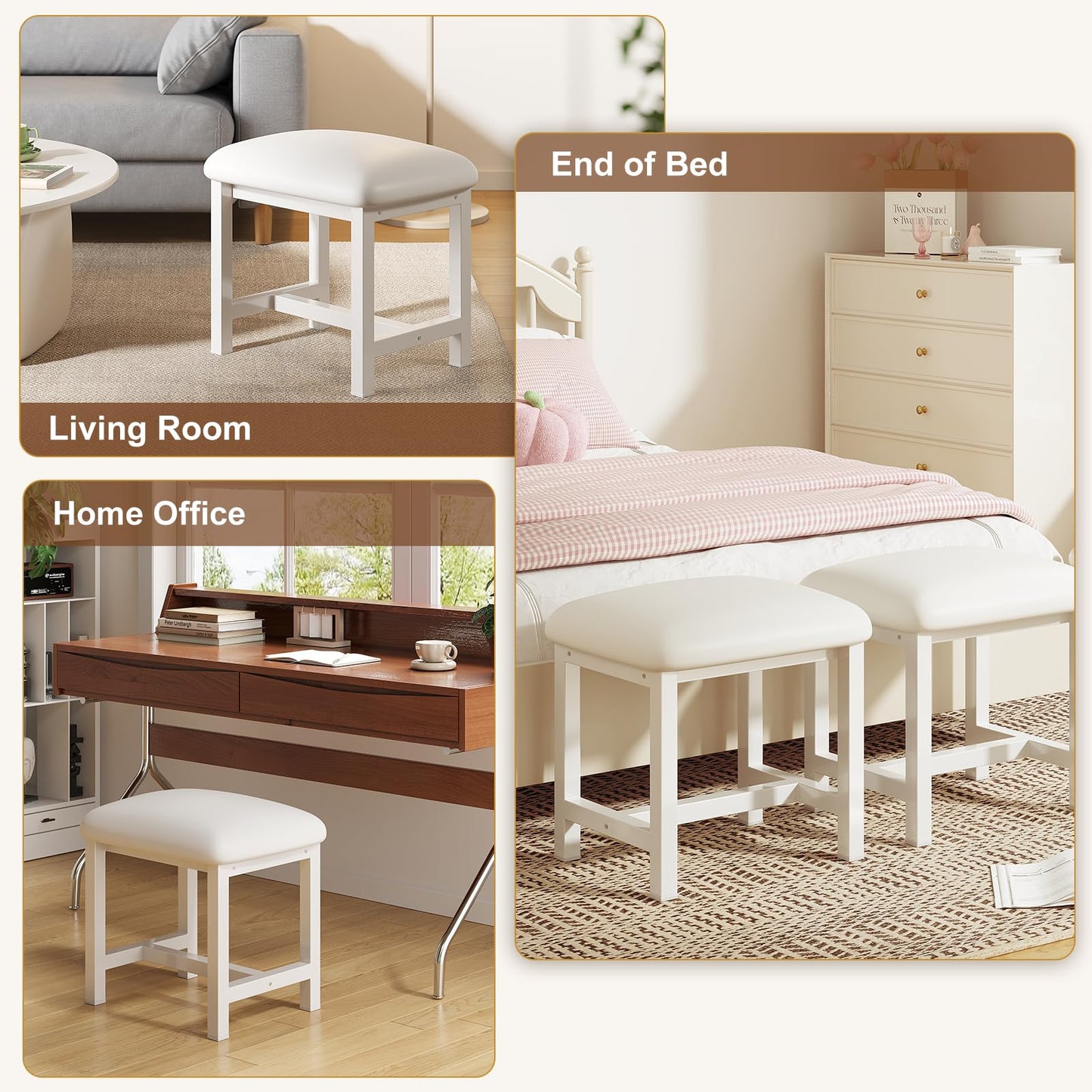 WBKATN White Vanity Stool, Small Vanity Chair, Cute Makeup Bench Seat with Leather Cushioned, Desk Stools for Bedroom, Bathroom, Entryway, Living Room, Office