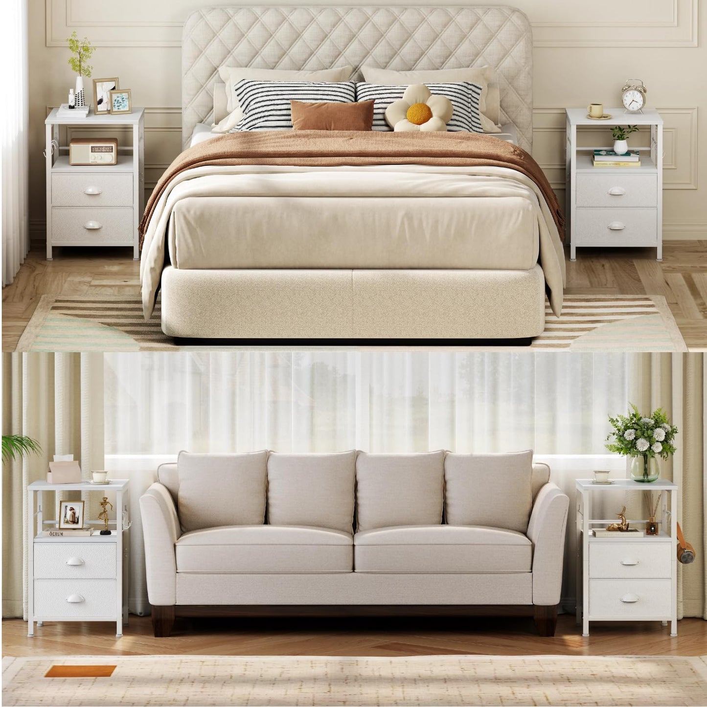 Furologee Nightstands Set of 2, End Table with 2 Fabric Drawers, Night Stand with 2 Hooks, Open Wood Shelf Bedside Table for Bedroom/Living Room/White