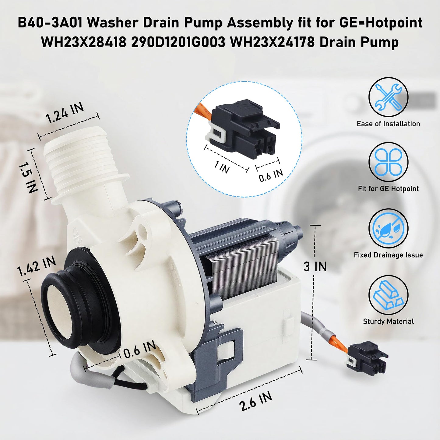 Pump fit for GE Hotpoint HANYU B30-3A02 B40-3A01 WH23X27574 290D1201G003 Washer Drain Pump WH23X28418 WH23X24178 290D1201G002/1 GTW330ASK GTW335ASN GTW465ASN GTW680BS HTW200ASK PTW600BS Vypart