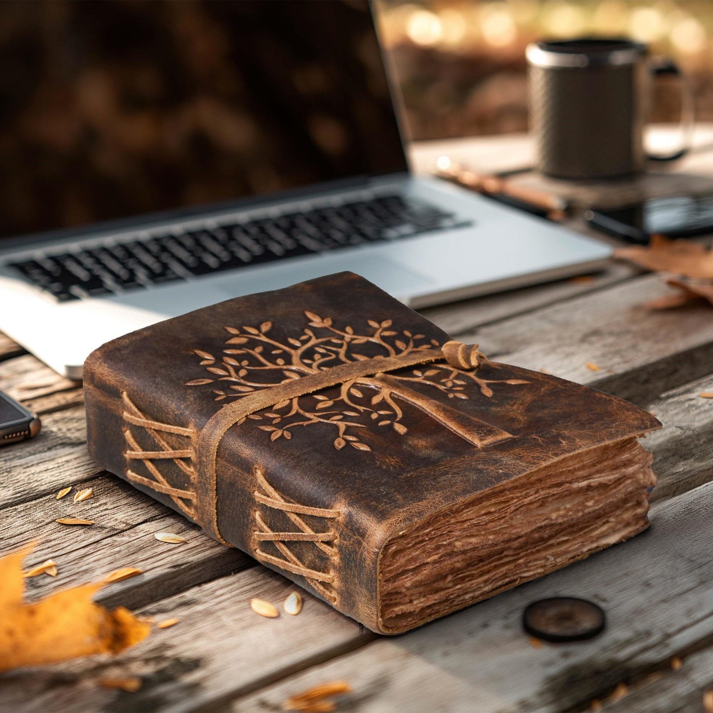 LEATHER VILLAGE Tree of Life Journal - 10 X 7 inches - Rustic Brown - 200 Antique Deckle Edge Handmade Paper – Book of Shadows - Vintage Leather Bound Journal for Women & Men