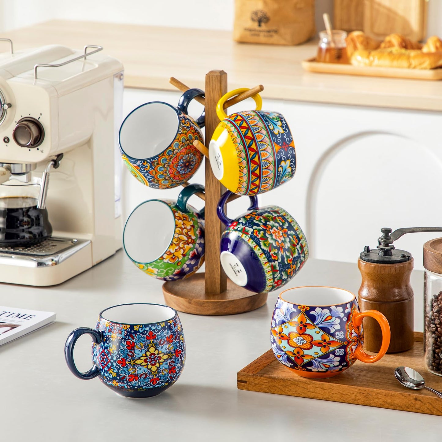 vancasso Coffee Mugs Set of 6, Coffee Cups Ceramic 18oz, Porcelain Coffee Mugs for Cappuccino, Latte, Espresso, Colorful Coffee Mugs with Handle, Rounded Boho Mugs, Microwave & Dishwasher Safe