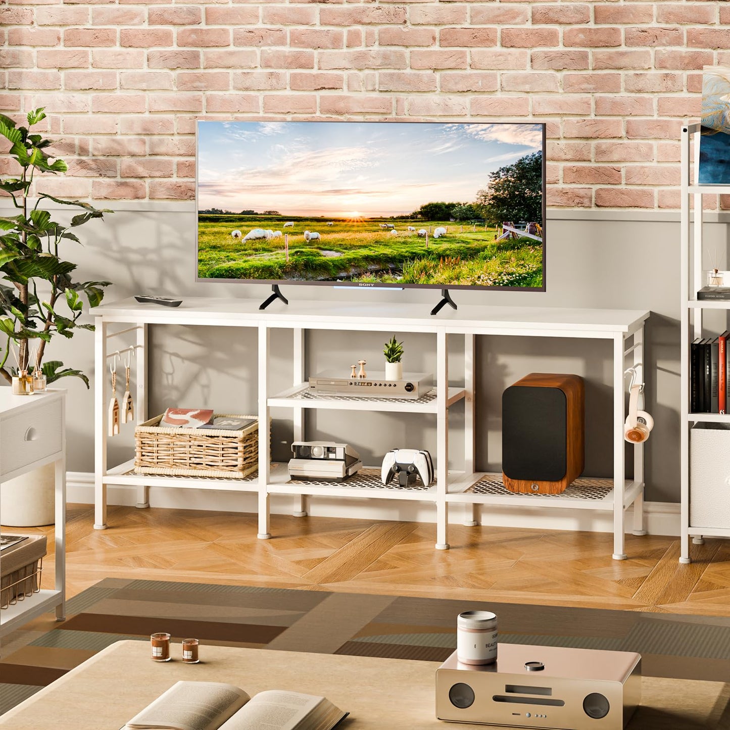 Furologee TV Stand for TVs up to 55 Inch, Entertainment Center with Open Storage Shelves, Media Console Table with Soundbar Shelf for Living Room, Bedroom, White