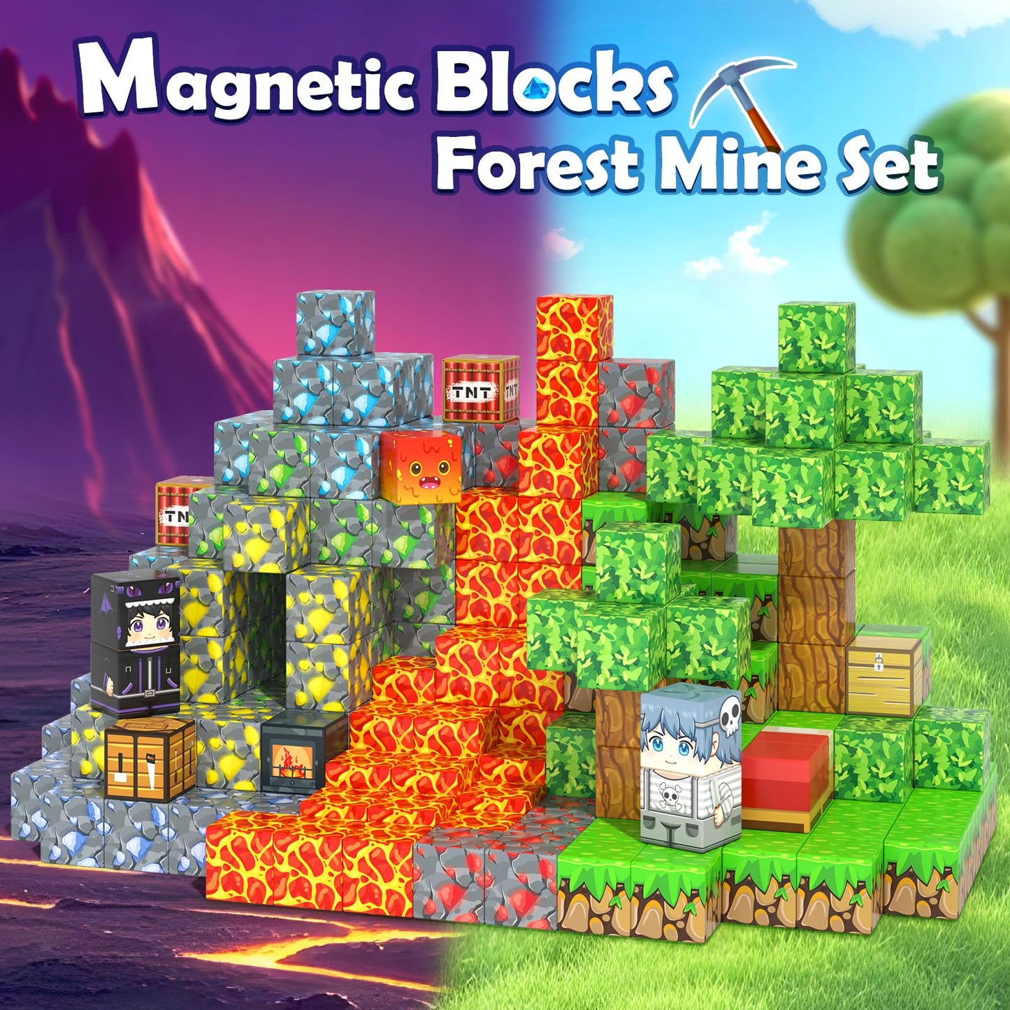 Magnetic Blocks - Build Mine Magnet World Forest Mine Set Magnet Building Blocks Kids Toys for 3+ Year Old Boys & Girls 1'' Magnetic Cubes STEM Sensory Building Toys Kids Game Xmas Gifts