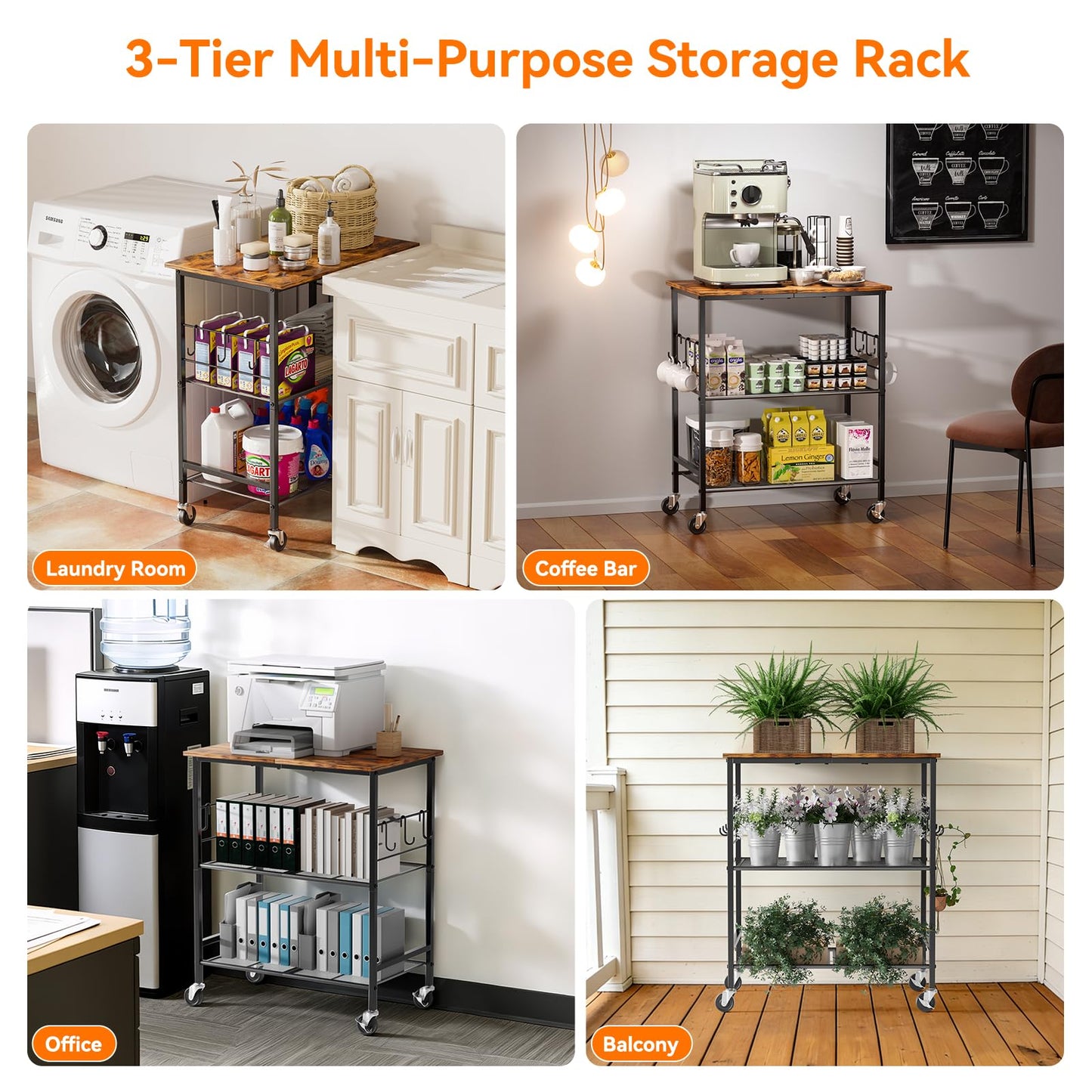 NTE Rolling Kitchen Microwave Cart, 3 Tier Microwave Stand with Storage, Small Kitchen Island on Wheels, Kitchen Storage Cart with 6 Hooks for Kitchen, Coffee Bar, Living Room, Balcony