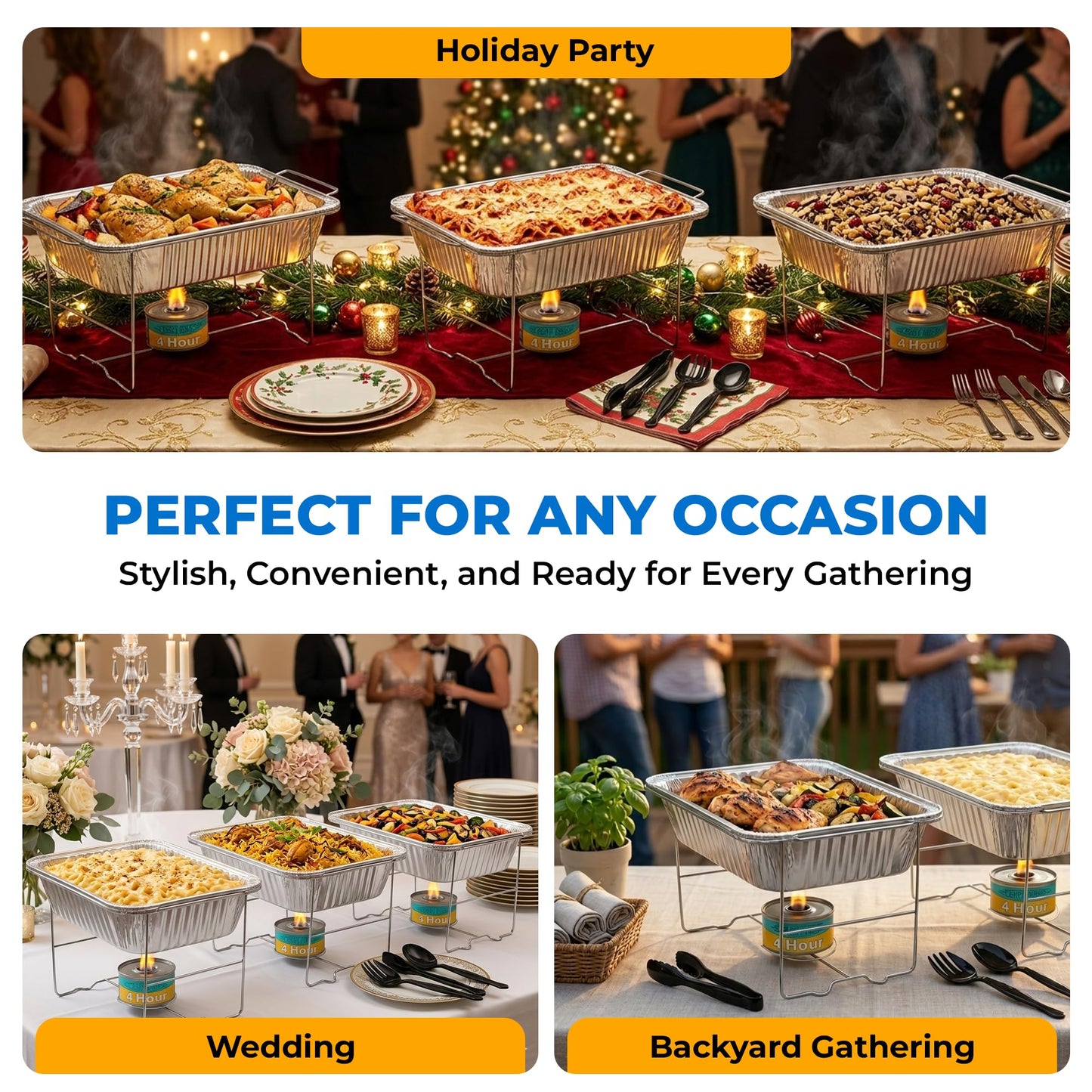 Disposable Chafing Dish Buffet Set – 6 Pack Half Size (Standard 10 3/8" x 12 3/4"), Patented Foldable Wire Racks, 4-Hour Fuel Cans, Aluminum Food & Water Pans, Serving Utensils, Reusable or Disposable