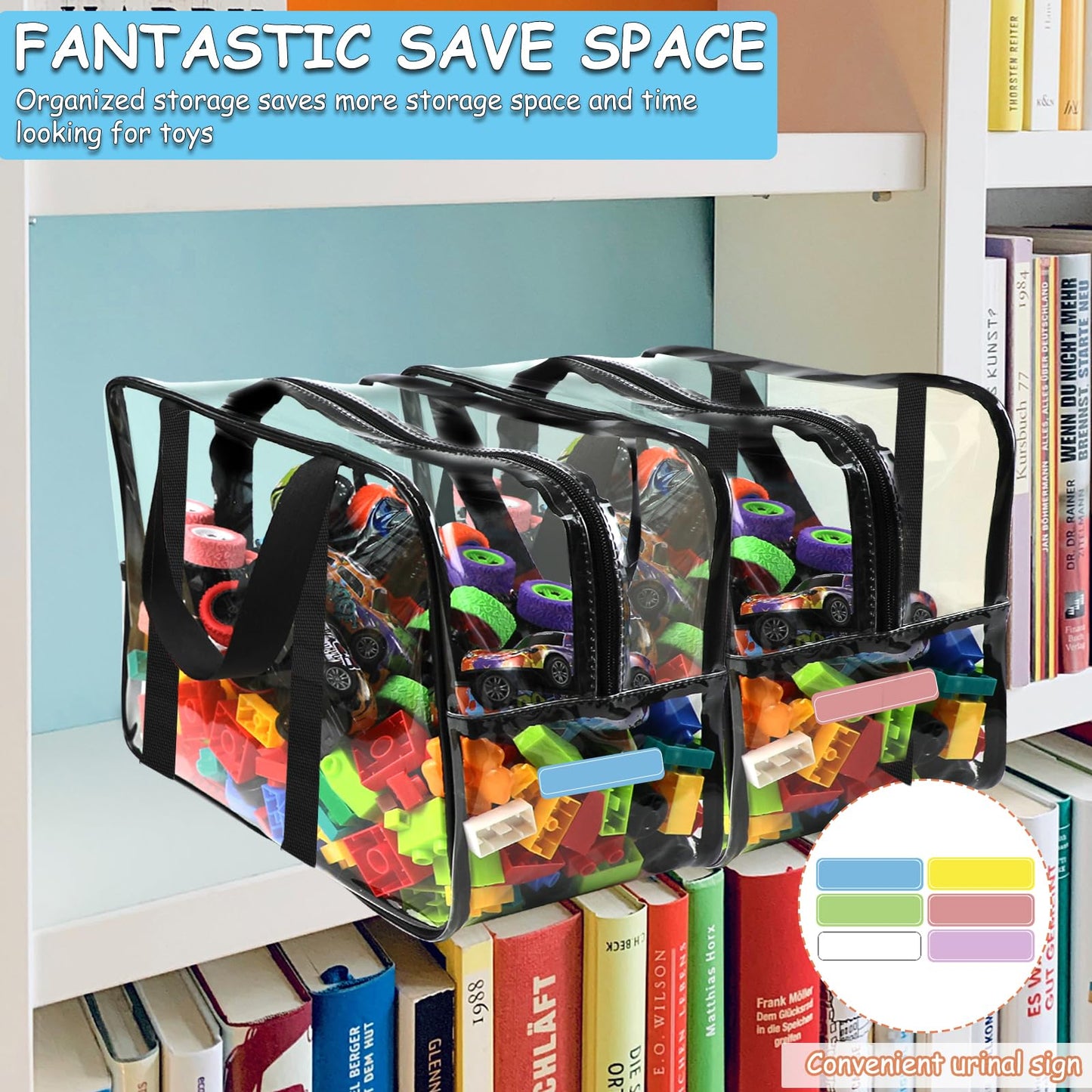 6 Packs XXL Toy Storage Bags 16.5×11.8×6.8In with Labels, Large Capacity Reusable Clear PVC Board Game Storage, Travel Waterproof Organizer Bags with Zipper