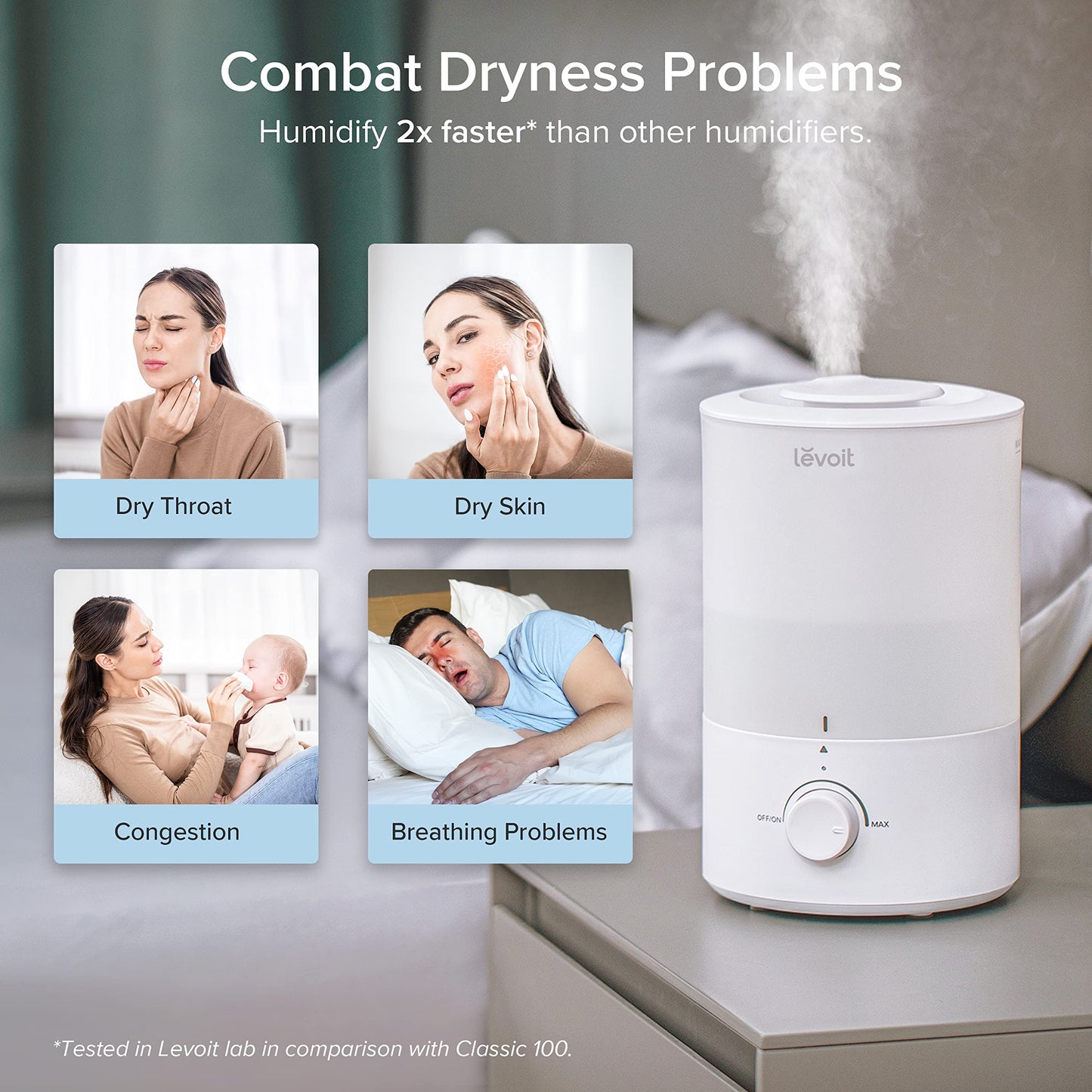 LEVOIT - Humidifiers for Bedroom - Quiet (3L Water Tank) - Cool Mist/Top Fill/Essential Oil Diffuser/25Watt - Home/Large Room - 360ยฐ Nozzle - Rapid Ultrasonic Humidification for Baby Nursery/Plant