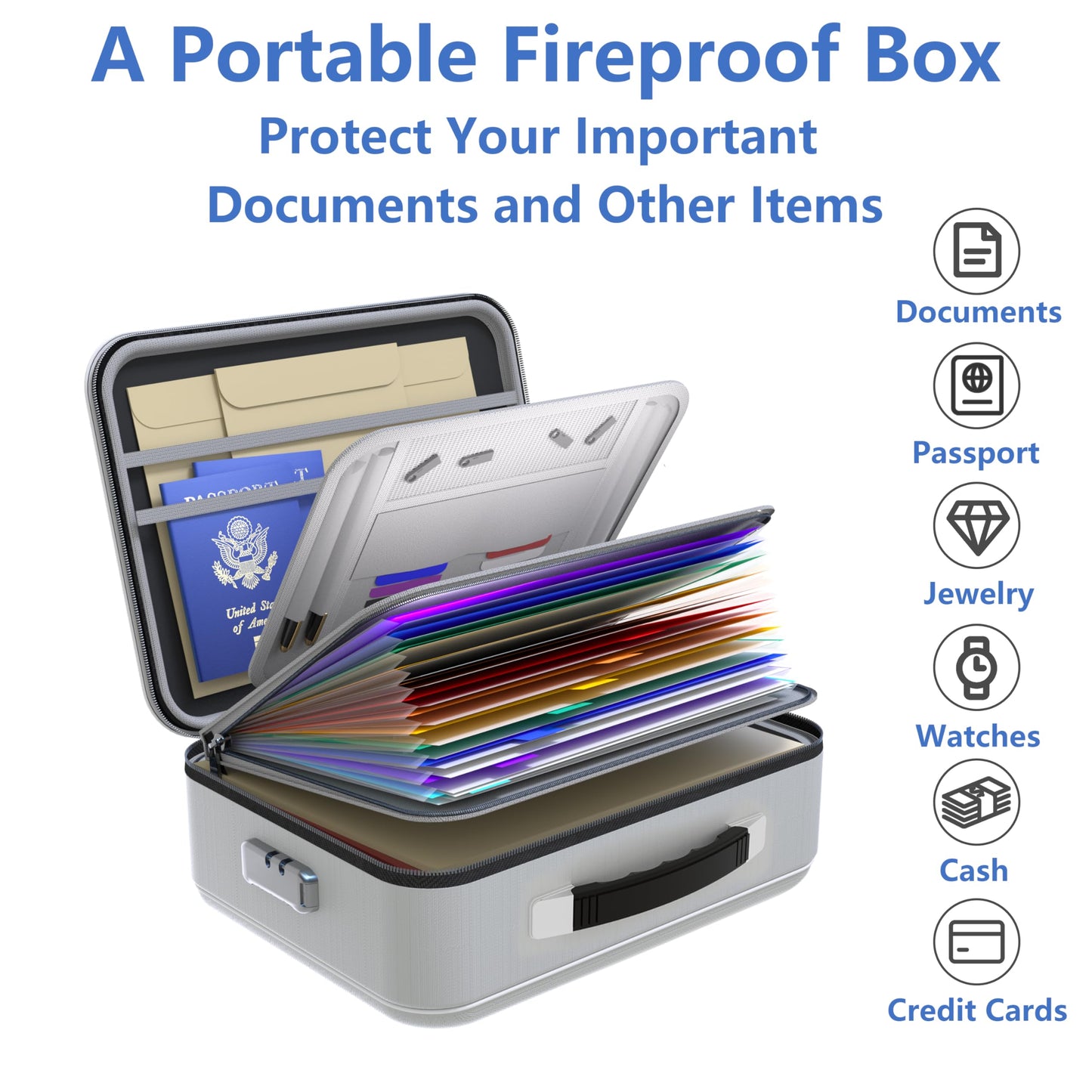TIGERKING Fireproof Document Box Hard Shell, Fire Proof File Box for Documents with Combination Lock, File Safe Boxs Fireproof Waterproof with Handle, Durable Organizer for Home Office Storage - Grey