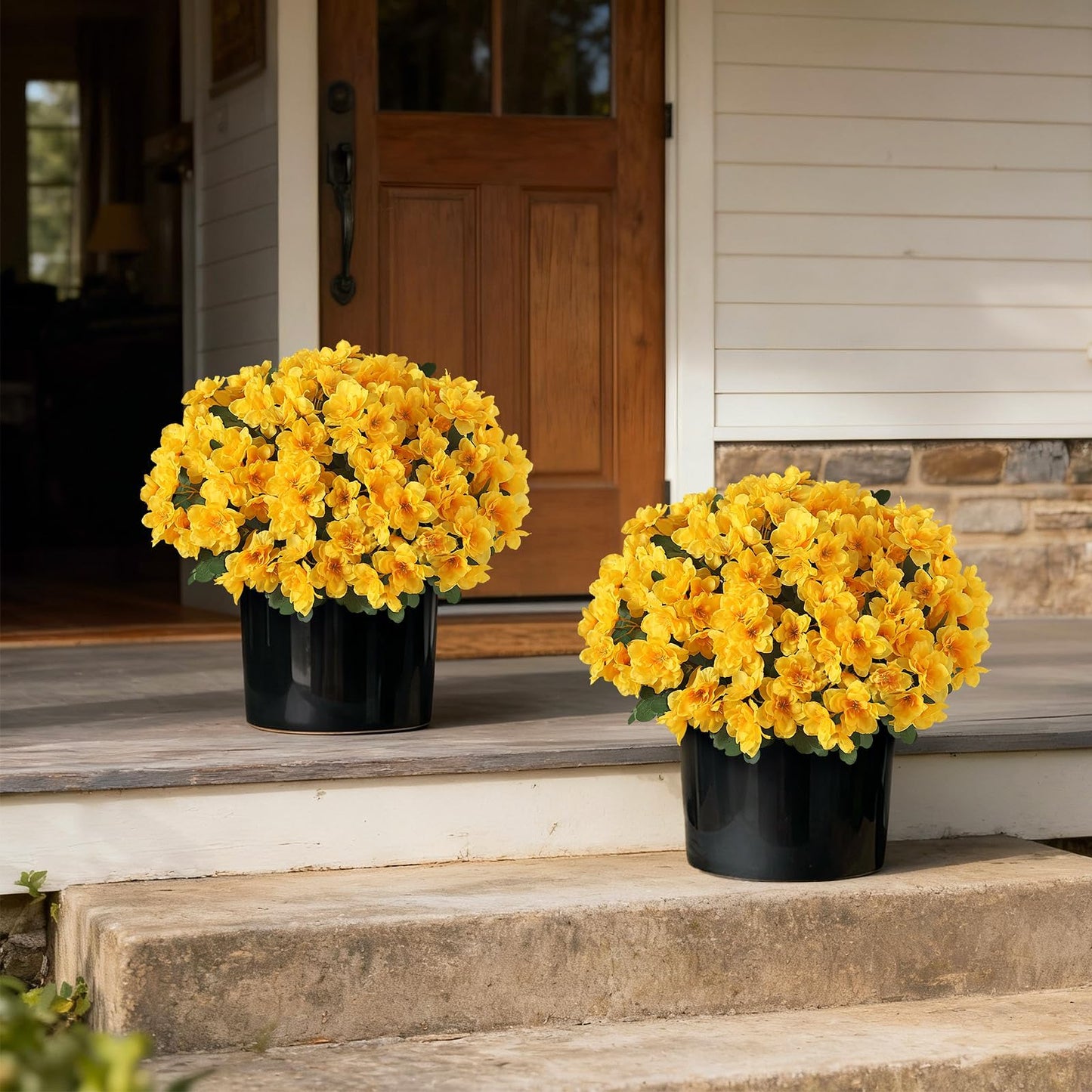 YXZZWL Set of 2 Artificial Azalea Flower Topiary Trees - Fake Silk Flower Potted Plants, Sun-Resistant Faux Outdoor Azalea Bushes for Front Door, Garden, Yard, Farmhouse Decor (Yellow)