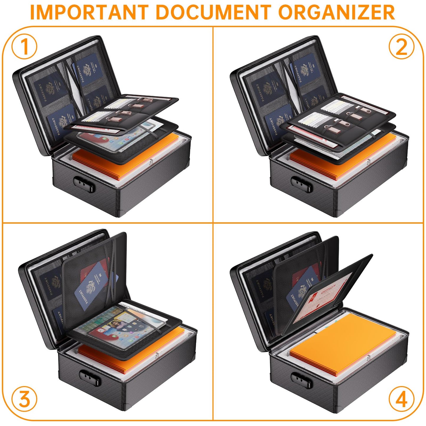 DocSafe Fireproof Document Box with Lock - 12 Layers Heat Insulated File Organizer Hard Case Safe Box with Fireproof Zipper, Home Safe Protects Important Documents, Passport, Cash (Black)