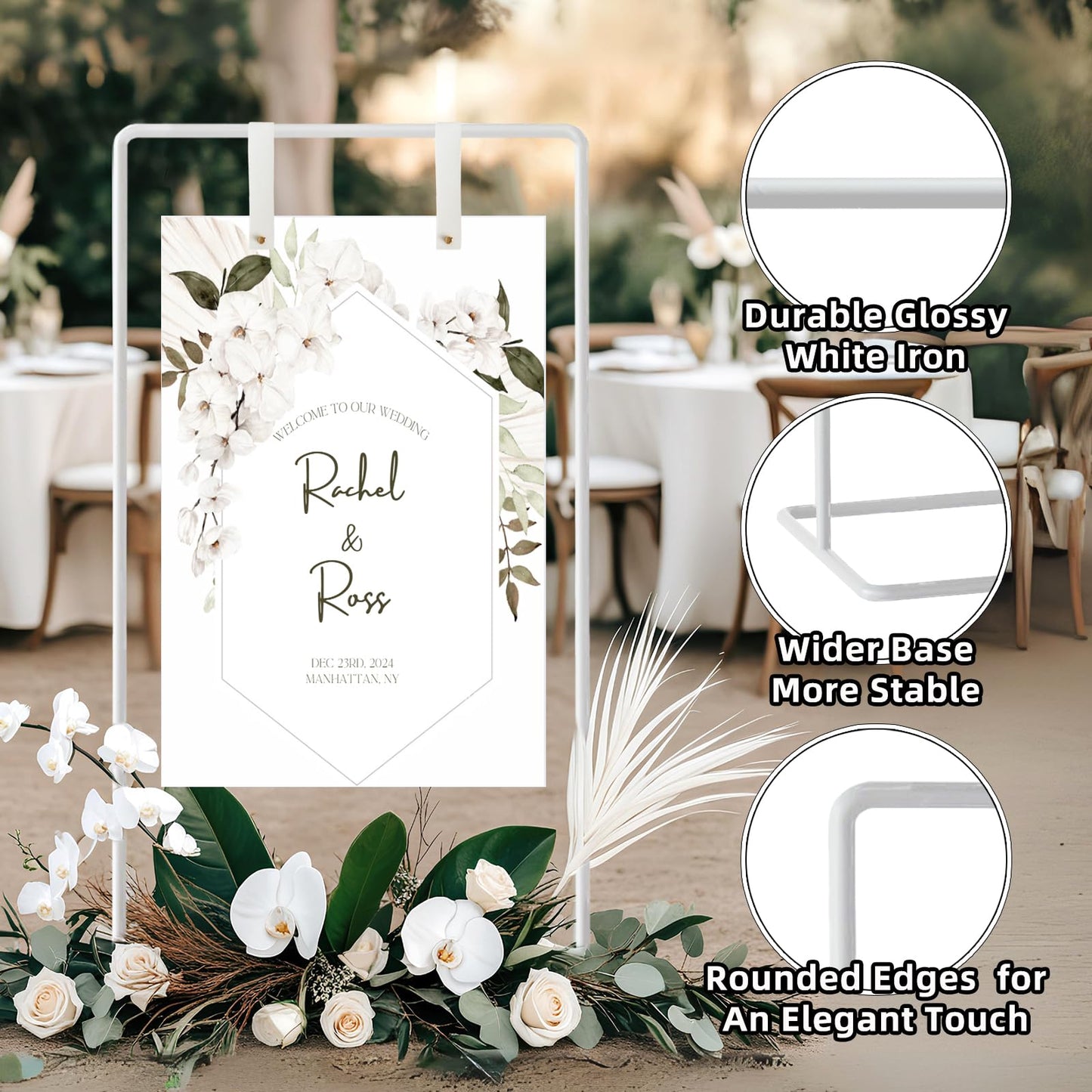 Wedding Sign Holder, Adjustable Welcome to Our Wedding Sign Stand W/Design Bundle & Leather Sign Hanging Straps, Heavy Duty Easel Stand for Sign, Wedding Seating Chart Stand, Easel for Display (White)