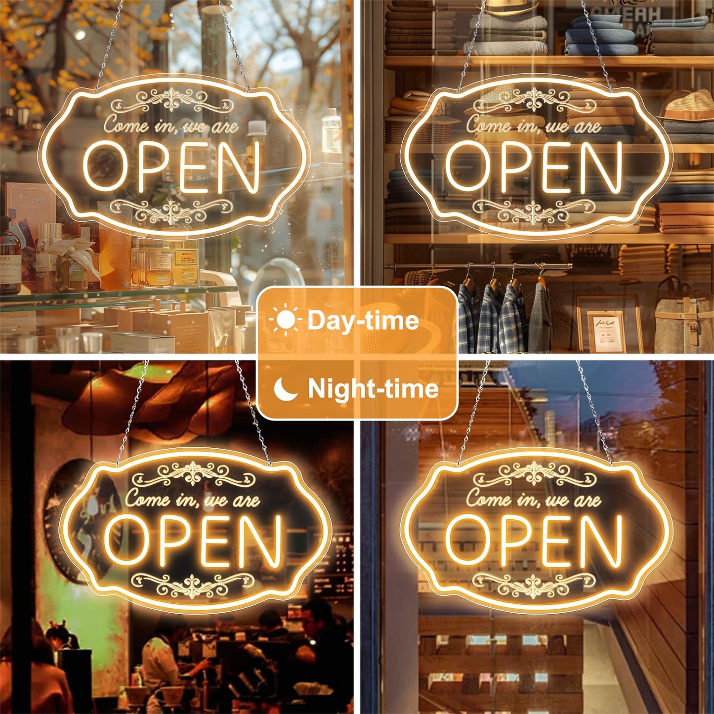 Open Sign for Business, 16.5 x 10 Inch Come In We're Open LED Neon Sign, Adjustable Brightness Warm White Window Sign for Storefront, Coffee Shop, Salon, Restaurant, Bar