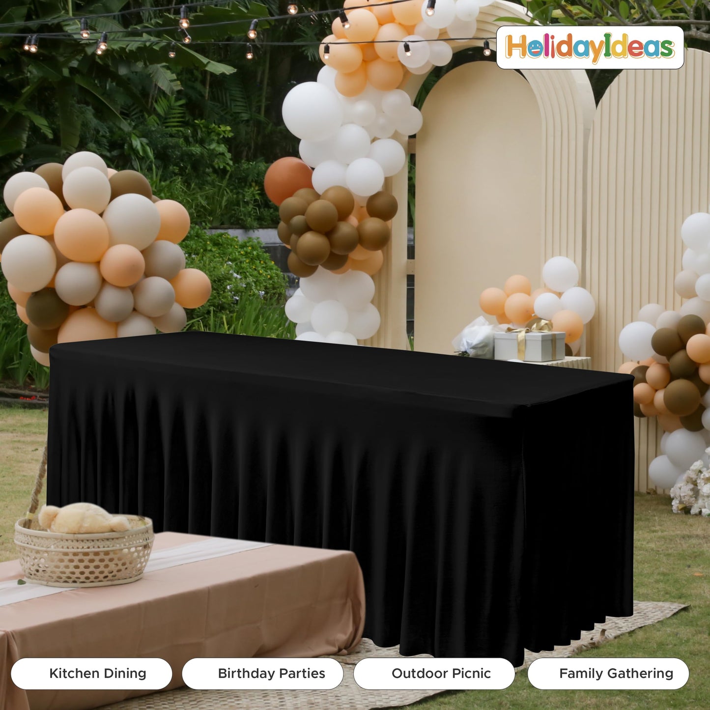 HolidayIdeas 2 Pack Spandex Table Skirt for 6 Ft Rectangle Tables, Black Fitted Stretch Tablecloth 30 x 72 Inch, Wrinkle Resistant Ruffle Design for Wedding Banquets, Trade Shows, Parties