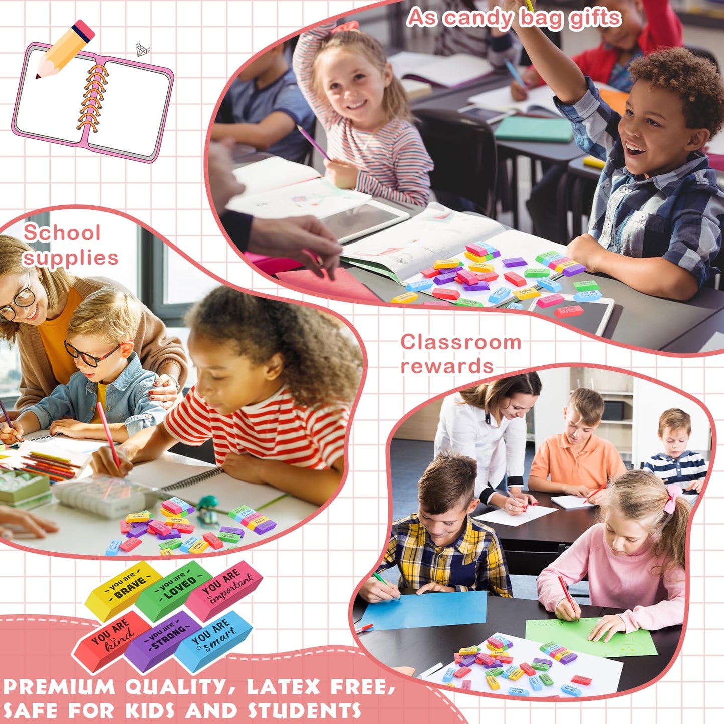 Yaomiao 180 Pcs Inspirational Erasers for Kids Bulk Pencil Beveled Erasers Colorful Motivational Gifts Bulk for Kids Students Classrooms, Drawing, Back to School