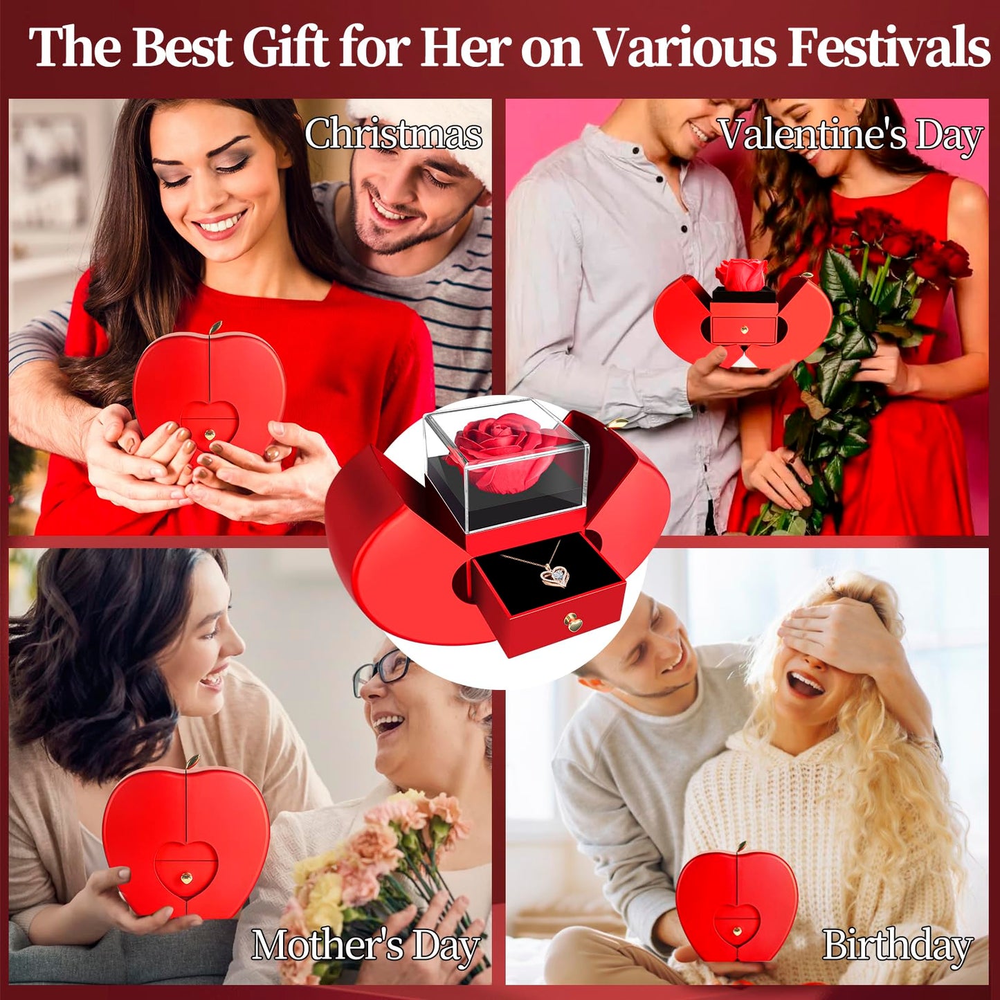 WEIMIL Preserved Flower Red Rose with Heart Necklace, Gifts for Mom, Girlfriend, Women, Wife, Grandma on Christmas, Valentine's Day, Mother's Day, Birthday, Anniversary, Thanksgiving