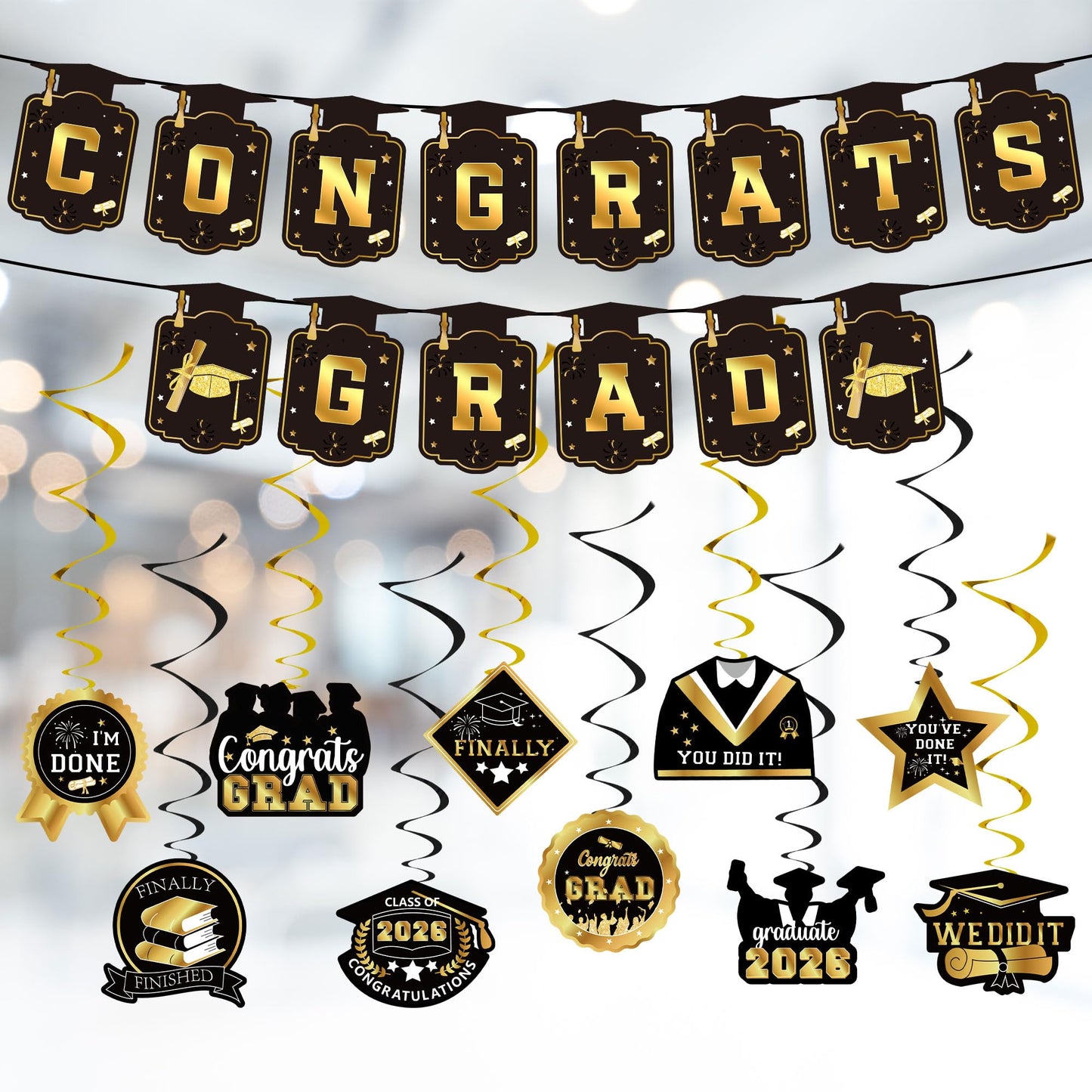 DMIGHT Graduation Decorations 2026, Class of 2026 Backdrop, Banner, 2026 Foil Balloons, Tablecloth, Hanging Swirls, Honeycomb Centerpieces, Party Supplies Decorations Set for College (Black ang GOLD)