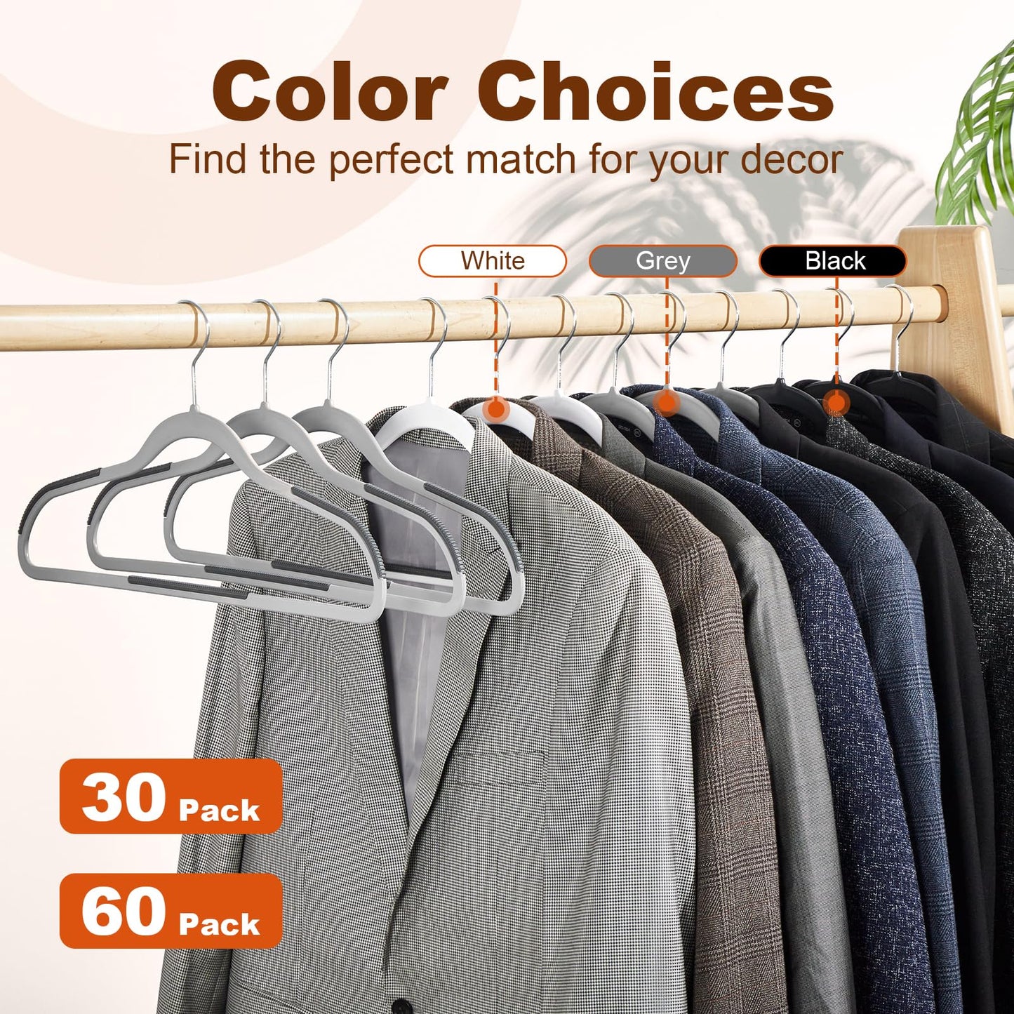 HOUSE DAY Heavy Duty Plastic Hangers 60 Pack, Non Slip Clothes Hangers with Rubber Pads and 360° Hook - Thin 0.2 Inch, Space Saving Coat Hanger Grey, Closet Organizer for Shirt, Pants, Suit, Skirt