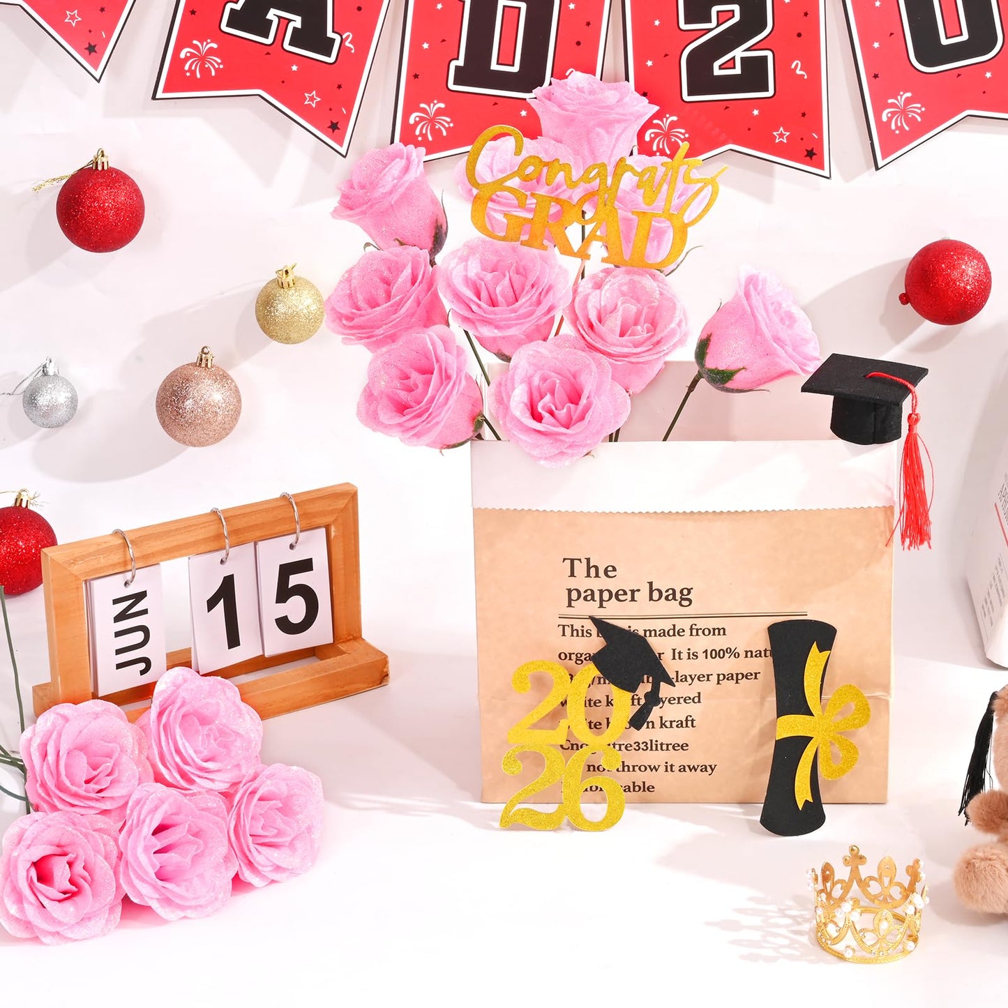 Waipfaru 2026 Graduation Gifts, Glitter Roses Bouquet, Graduation Gift for Her, DIY Fake Flowers Bouquet with Graduation Stand-Up Signs, 36 Pink Roses, for High School/College/Middle School Grads