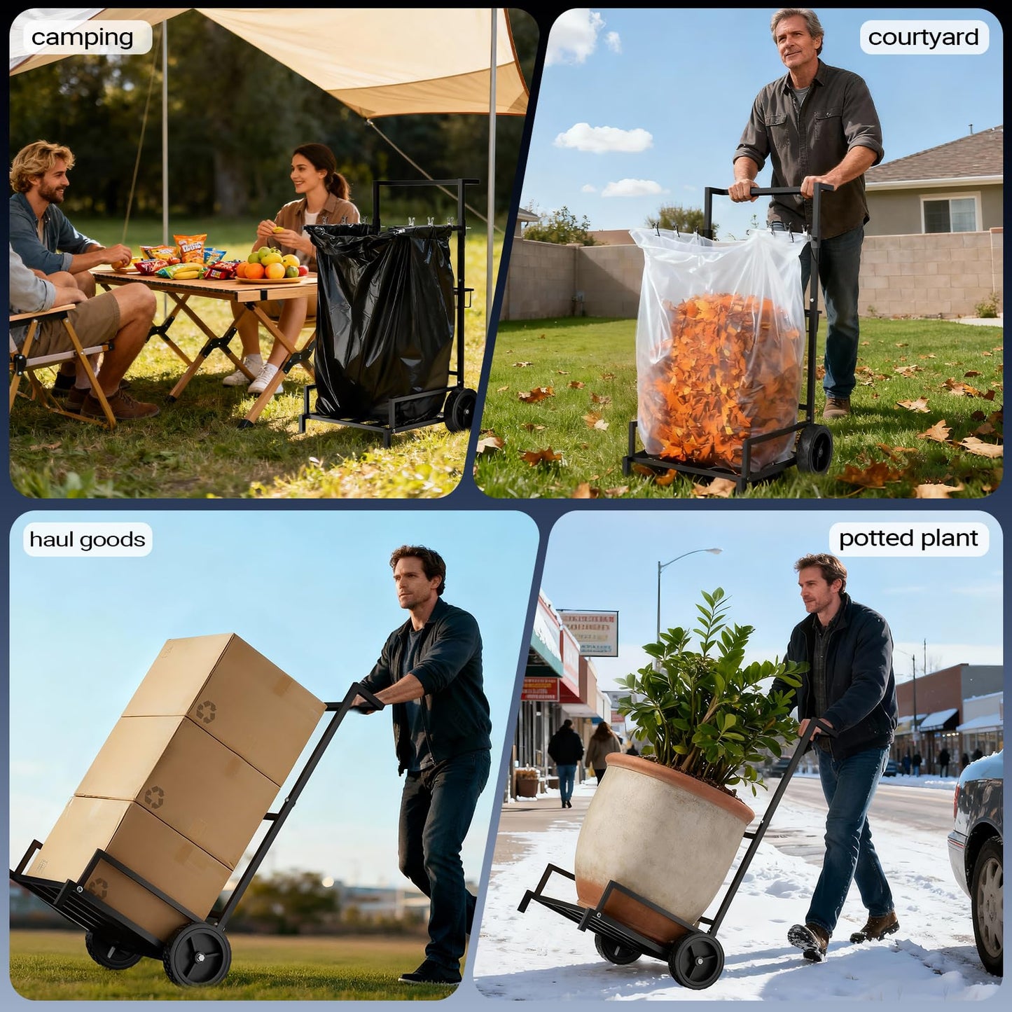 2-in-1 Leaf Bag Holder Cart & Hand Truck Dolly, Heavy Duty Garden Trash Bag Stand with 7" All-Terrain Wheels, 200lbs Capacity, Anti-Loss Clips & Utility Basket for Yard Work, Moving, Camping
