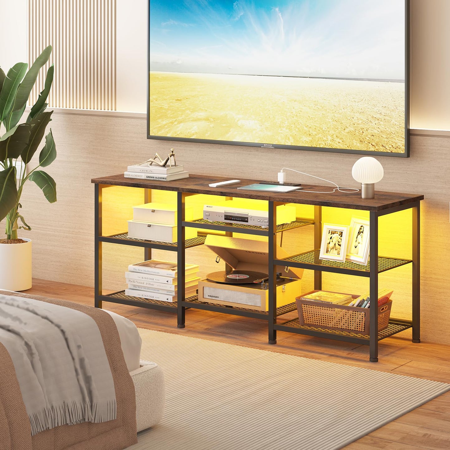 YGEOMER TV Stand for Living Room TVs Up to 55 Inches, Entertainment Center with Power Outlet and LED Lights Open Storage Shelves, TV Console for Bedroom, Rustic Brown