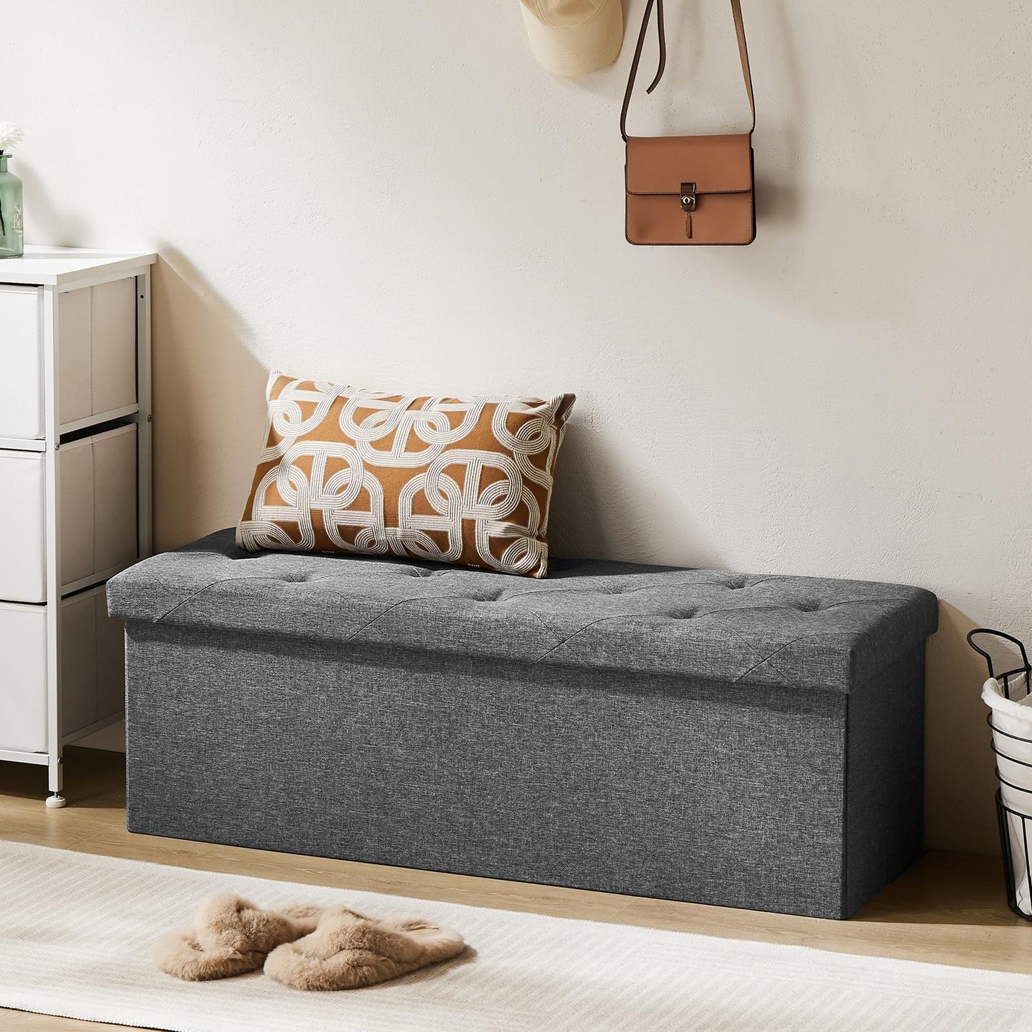 DUMOS 43in Storage Ottoman Bench, Storage Chest, End of Bed Foot Rest Stool with Padded Seat, Bedroom Bench for Living Room, Entryway, Support 660lbs, Grey