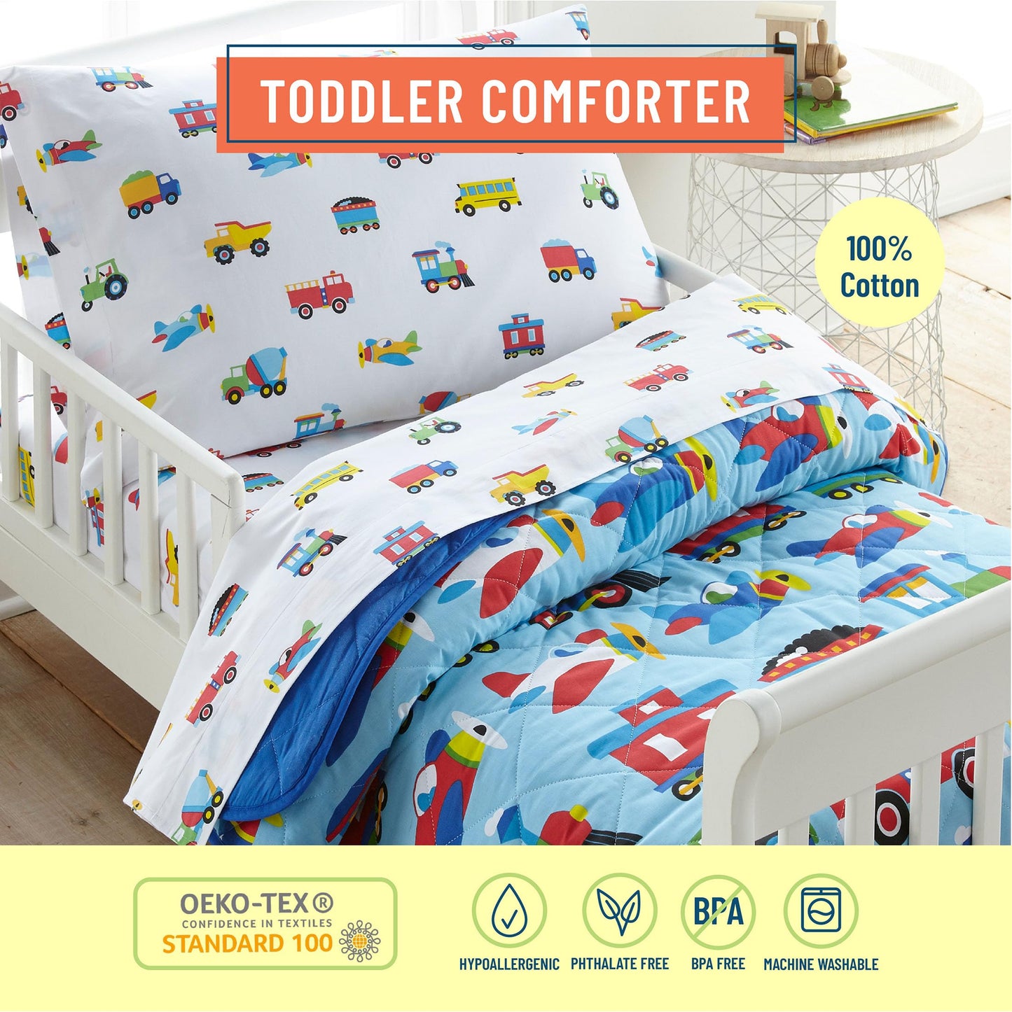 Wildkin Kids Cotton Toddler Comforter – Soft & Lightweight, Fits Standard Crib Mattress - Trains, Planes, and Trucks