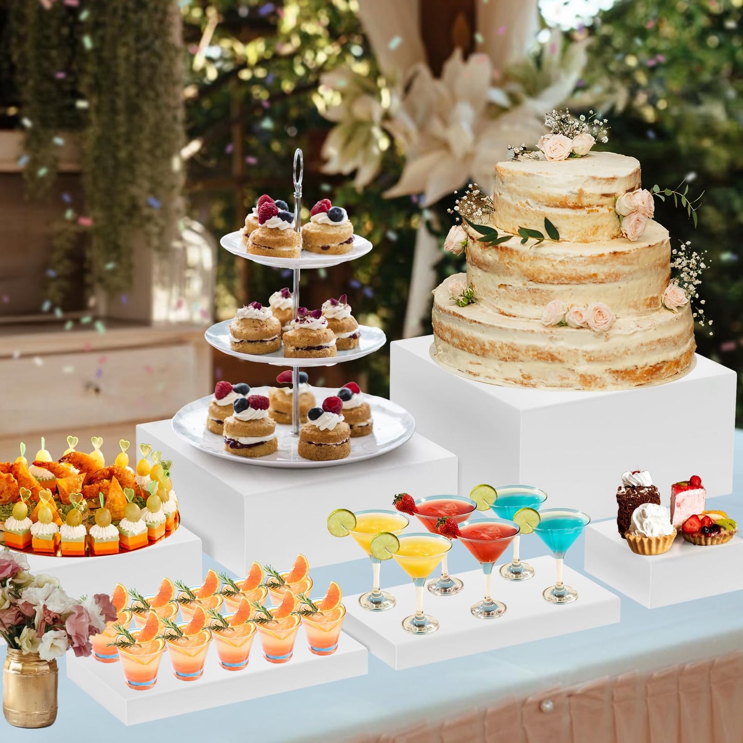 10PCS Buffet Risers, Food Risers for Buffet Table, Acrylic White Cube Box with Hollow Bottoms, Display Stand for Dessert Table Stand Shelf Nesting for Jewelry Show Catering(12"-11"-10"-9"-8"-7"-6"-5")
