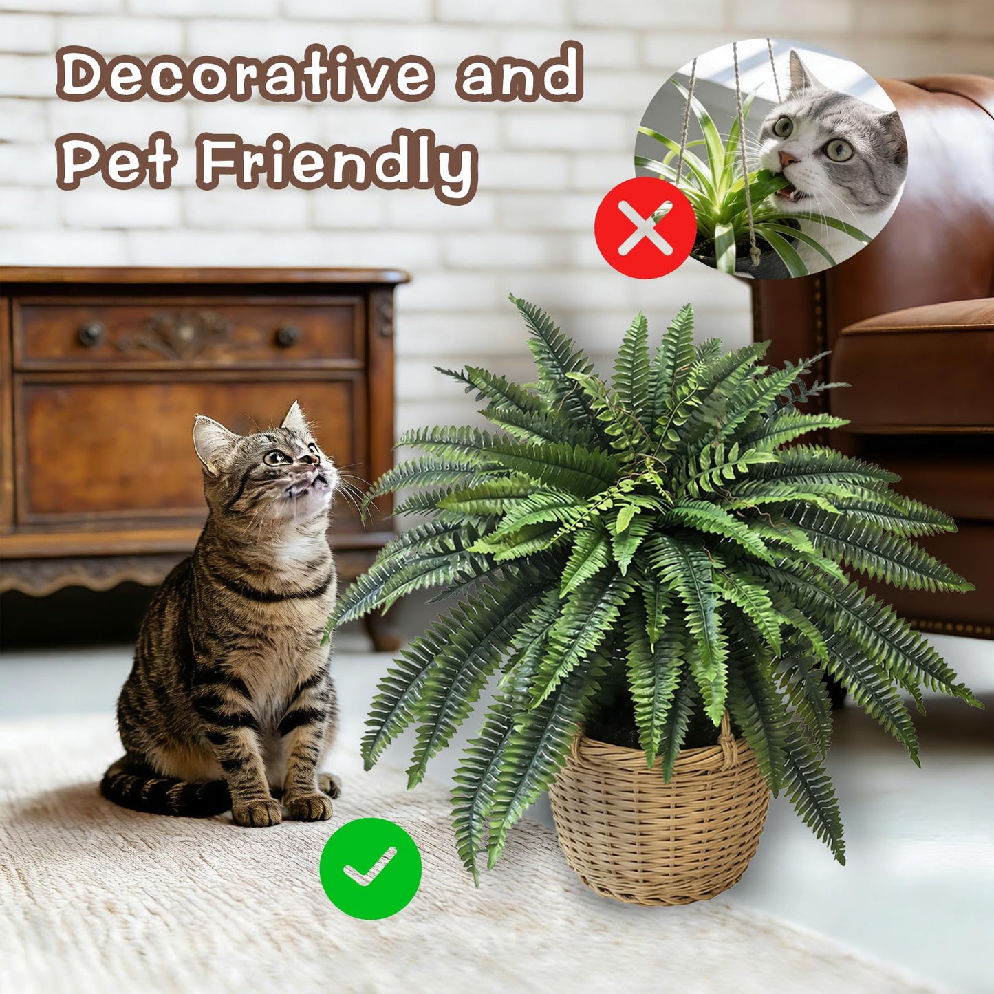Senjie Artificial Boston Fern 2 Set 48Inch Large Fake Ferns for Outdoors Faux Plant with 55 Fronds for Home Living Room Office Decor
