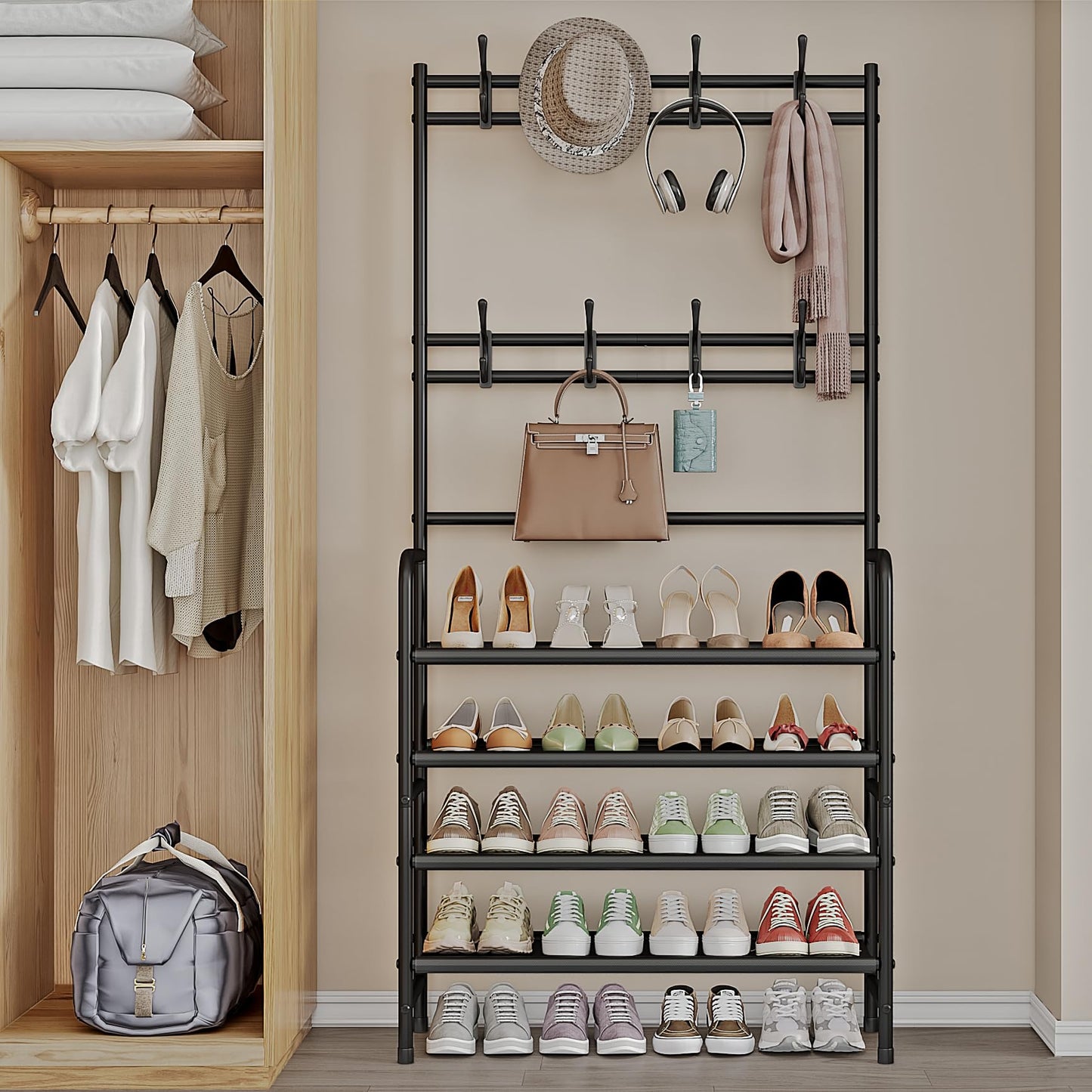 YIZAIJIA Coat Rack Shoe Rack With Storage Shelf Freestanding with 8 Hooks for Entryway Bedroom Closet 4 Tier, Black