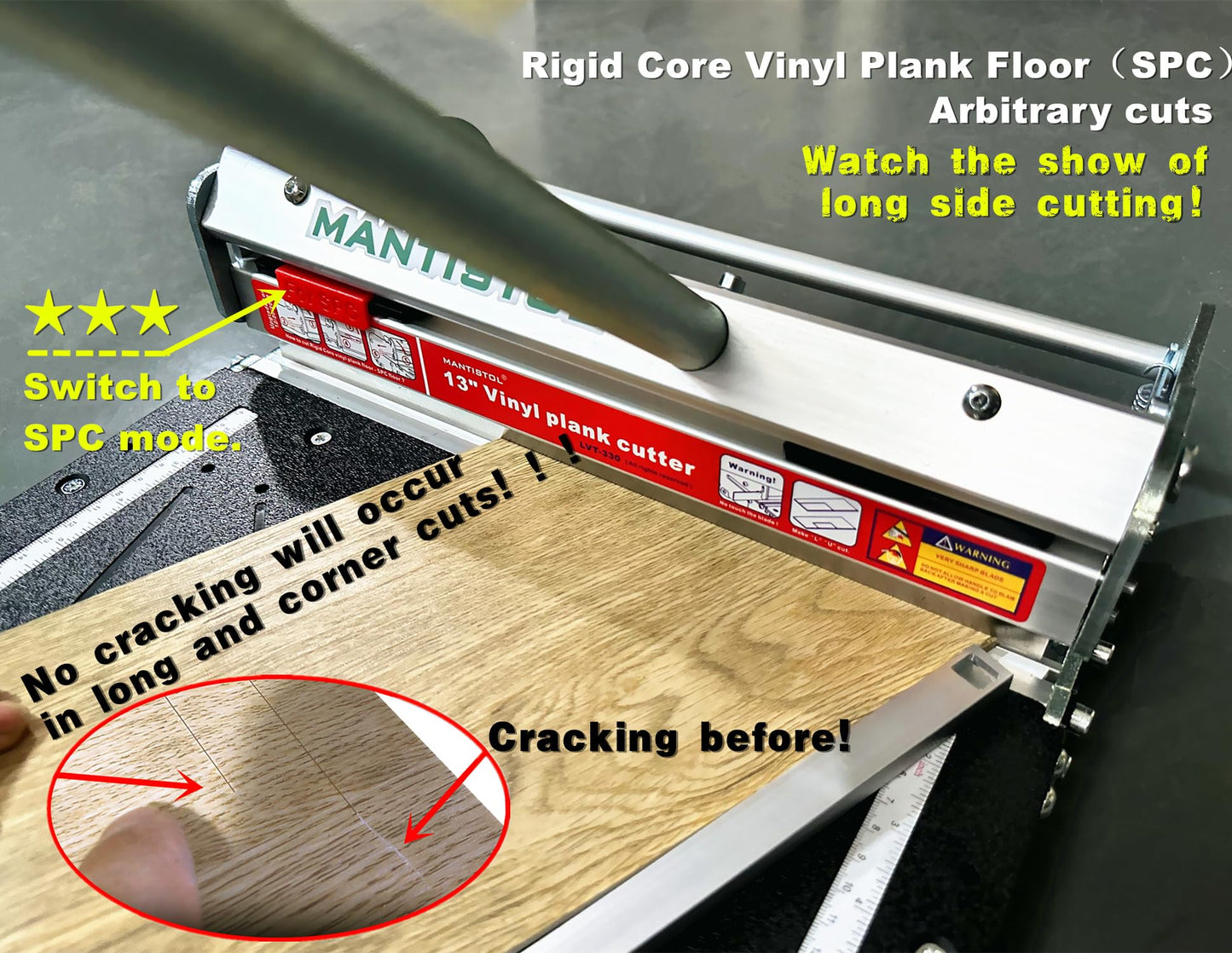 MantisTol 13" Pro SPC, LVP, LVT, WPC, RVP, VCT, PVC and Rigid Core Vinyl Flooring Cutter LVT-330; Cuts up to 5/16" (8mm) thick !